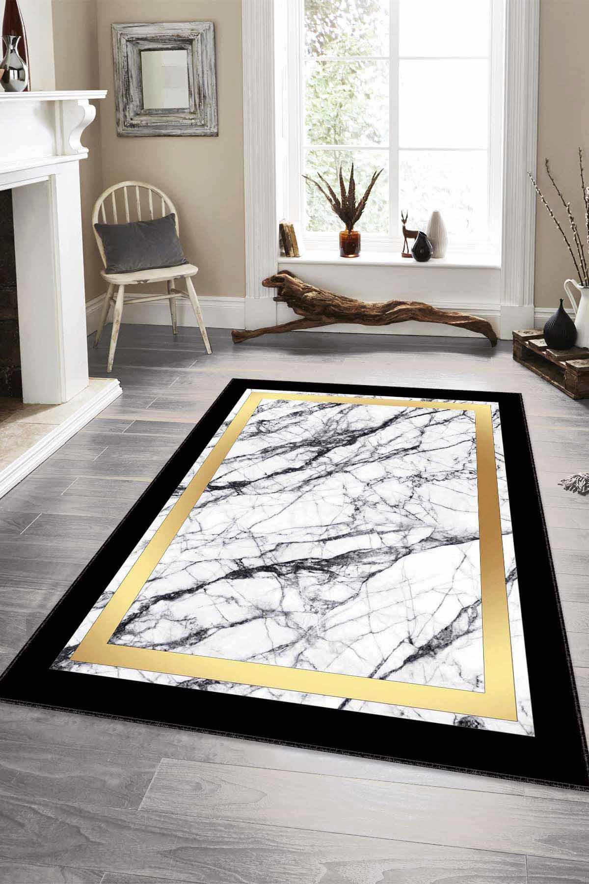 Viva Home RV111 Altın-Siyah 7 mm Mikropolyester Antibakteriyel Yıkanabilir Kalın Kaymaz Lateks Taban Dikdörtgen Makine Dokuma Salon Halısı 200x290 cm