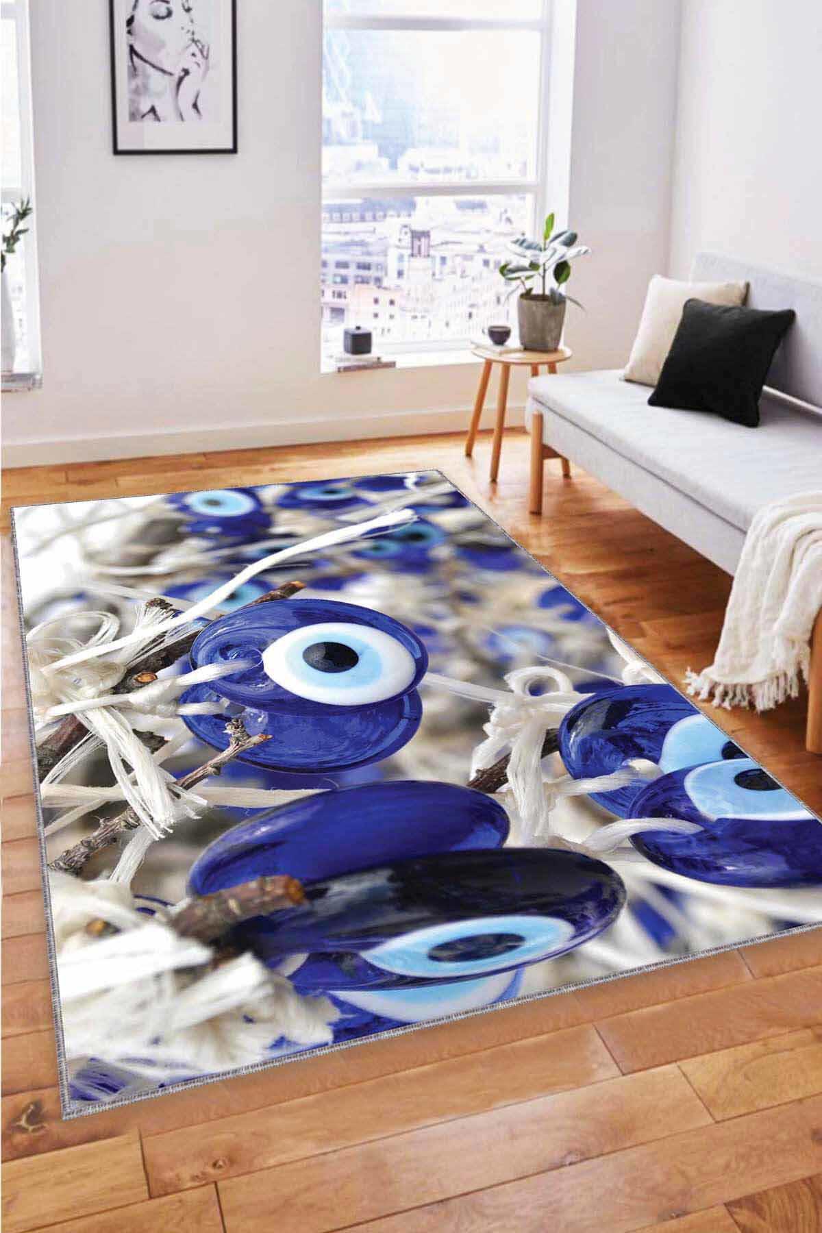 Viva Home RV363 Lacivert 7 mm Mikropolyester Leke tutmaz Yıkanabilir İnce Kaymaz Dikdörtgen Makine Dokuma Salon Halısı 80x150 cm