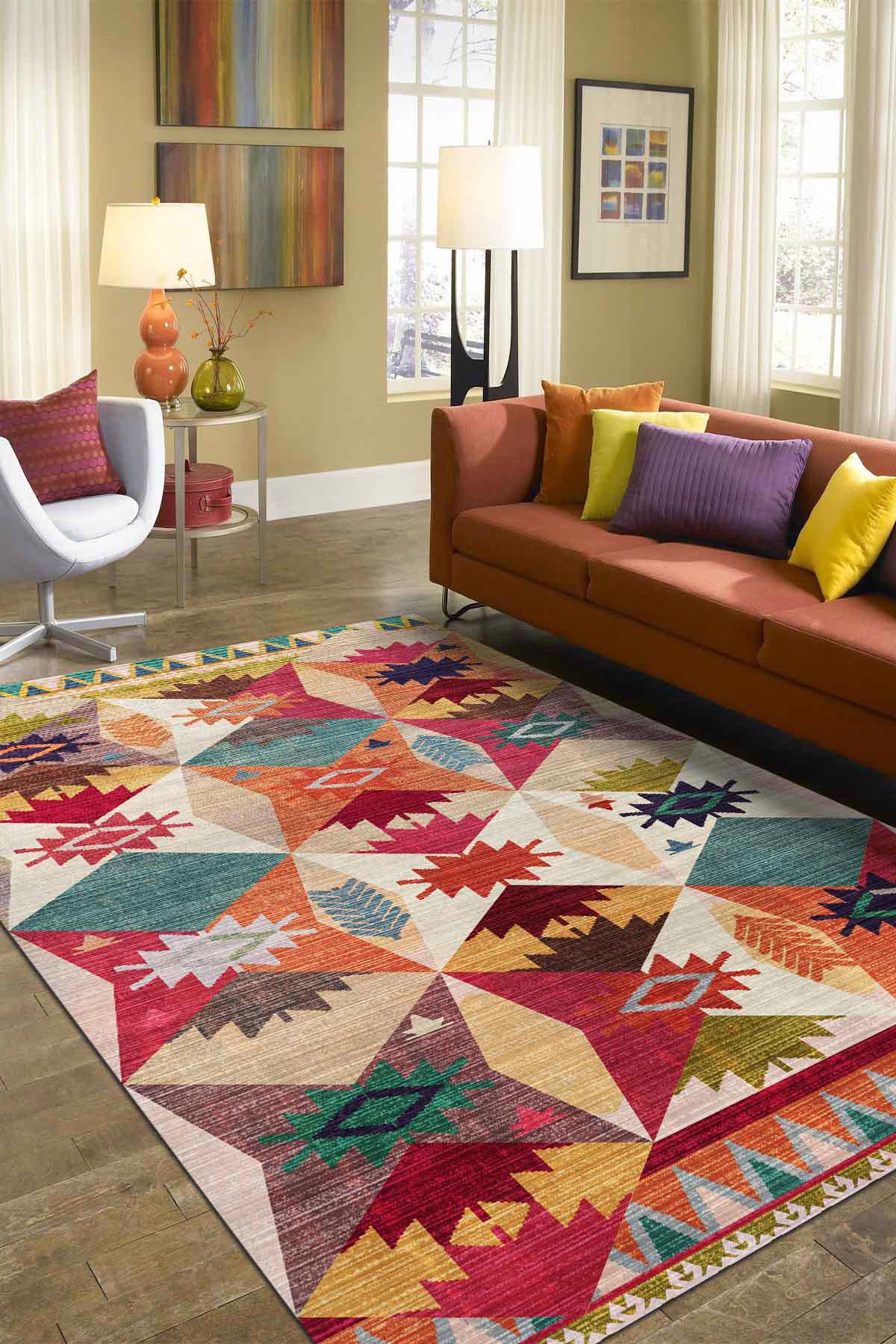 İlyaki Home Rhodo Krem 0.5 mm Pamuk Antibakteriyel Yıkanabilir İnce Kaymaz Pamuk Taban Dikdörtgen Makine Dokuma Salon Halısı 120x180 cm