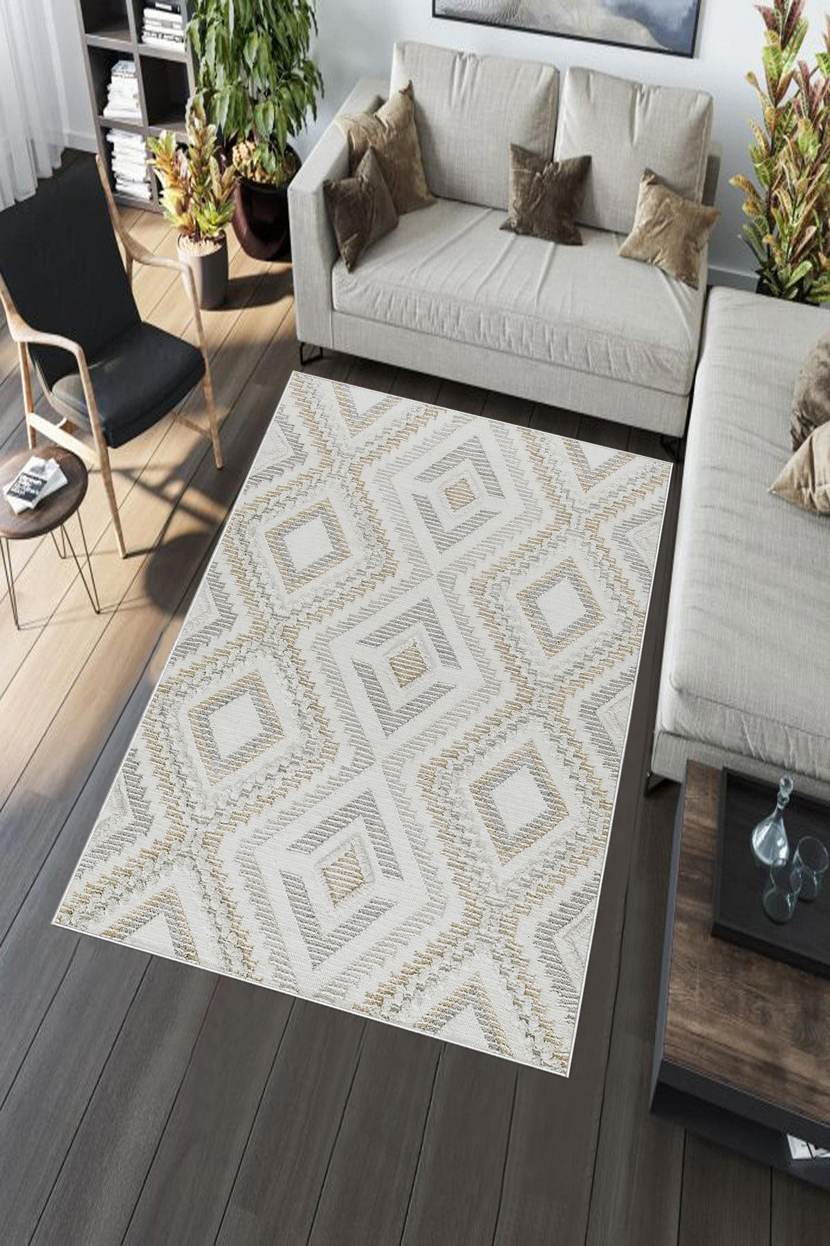 Aldora Bej-Kahverengi 0.8 mm Polipropilen Yıkanabilir Orta Kaymaz Deri Taban Dikdörtgen Makine Dokuma Salon Halısı 120x180 cm