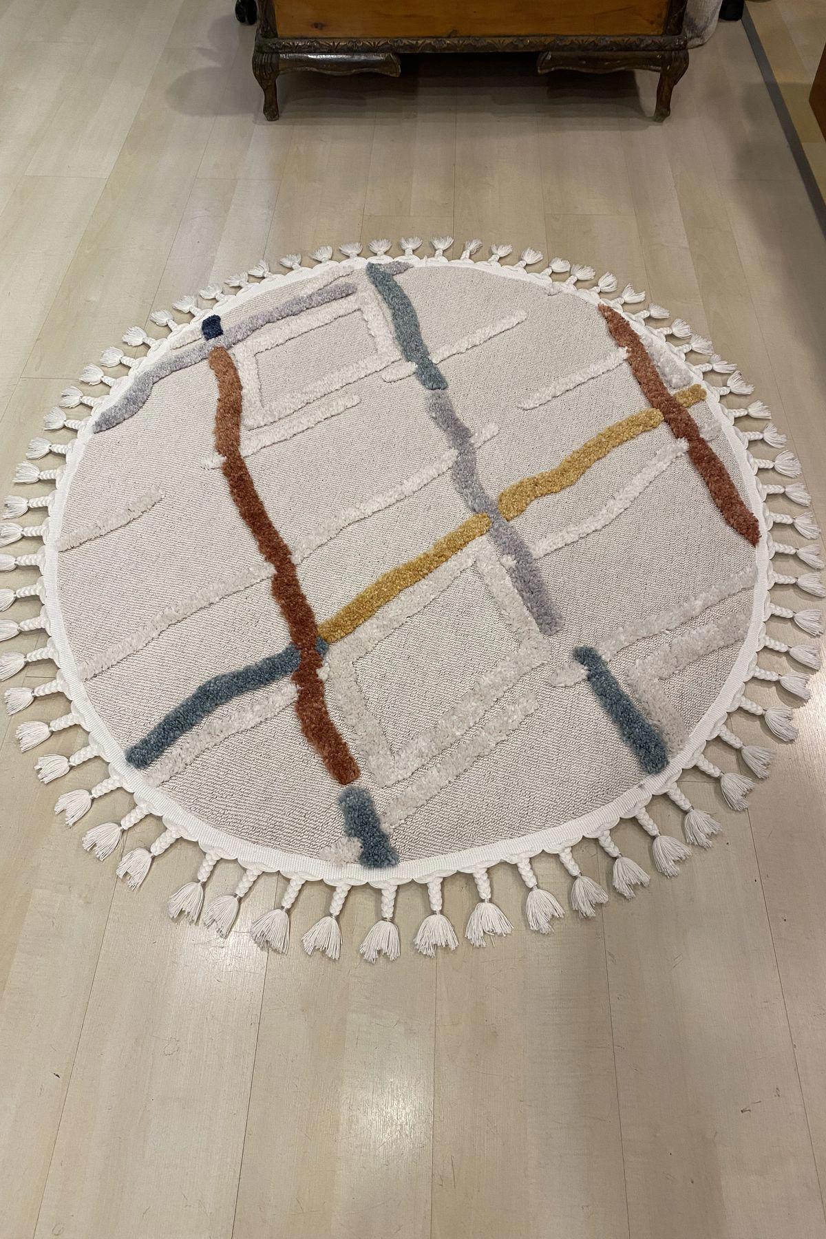 Eko Halı Terazzo TRZ03 Krem 10 mm Polyester Silinebilir Yıkanabilir Orta Kaymaz Yuvarlak Makine Dokuma Oturma Odası-Salon Halısı 200x290 cm