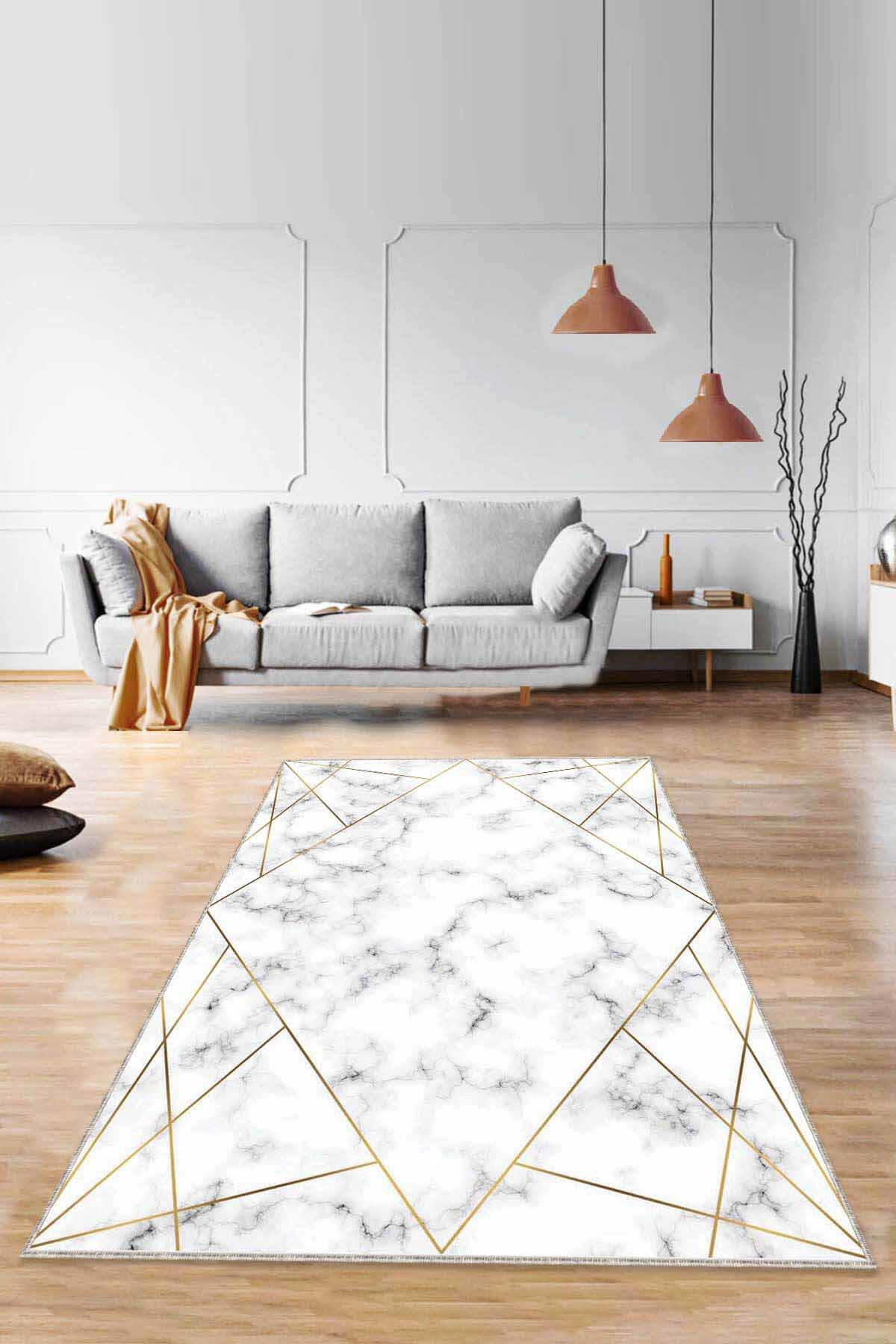 Viva Home RV026 Altın 7 mm Mikropolyester Antibakteriyel Yıkanabilir İnce Kaymaz Dot Taban Geometrik Dikdörtgen Makine Dokuma Salon Halısı 160x230 cm