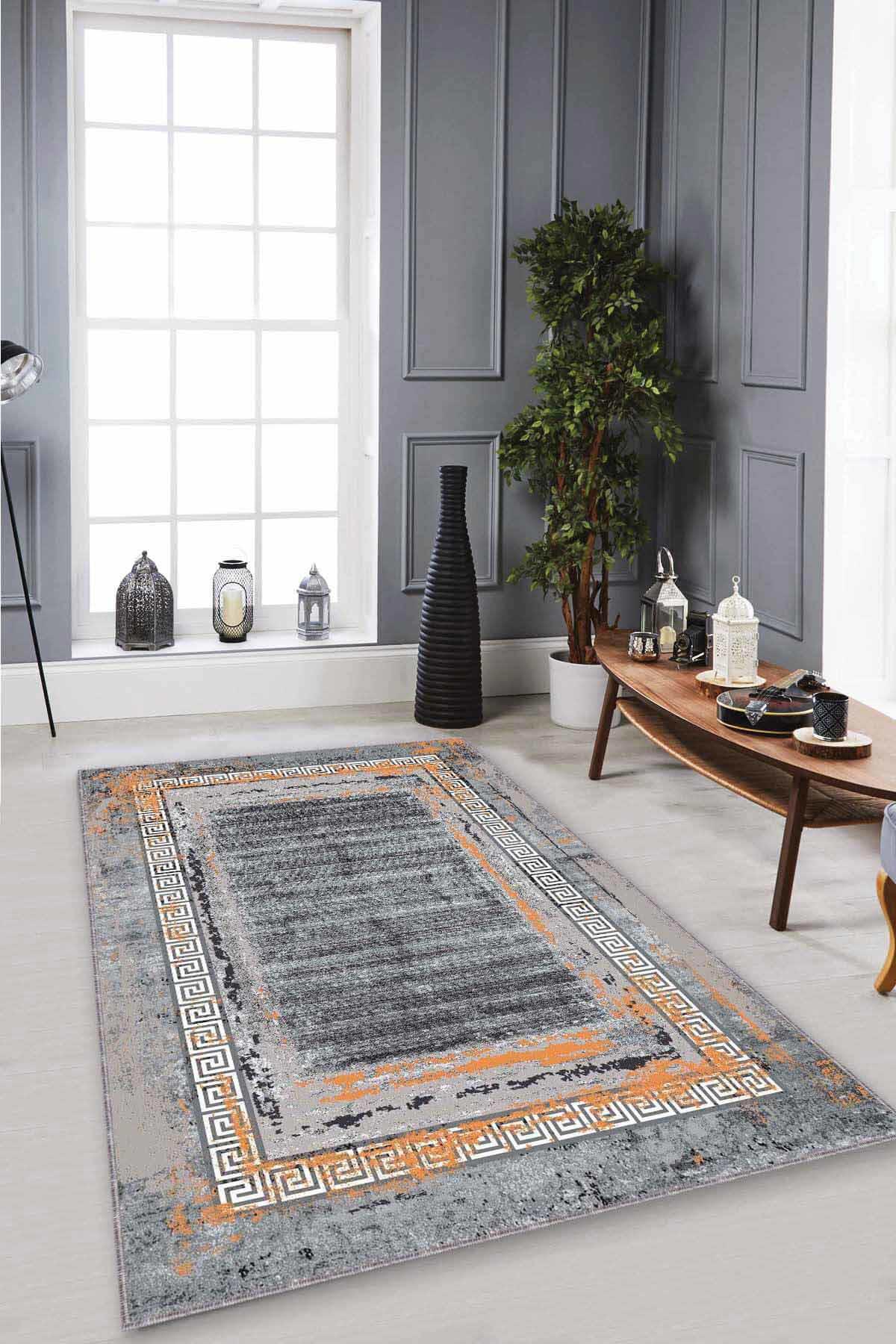 Viva Home AR217 Gri-Turuncu 7 mm Mikropolyester Toz Tutmaz Yıkanabilir İnce Kaymaz Dot Taban Dikdörtgen Makine Dokuma Salon Halısı 180x250 cm