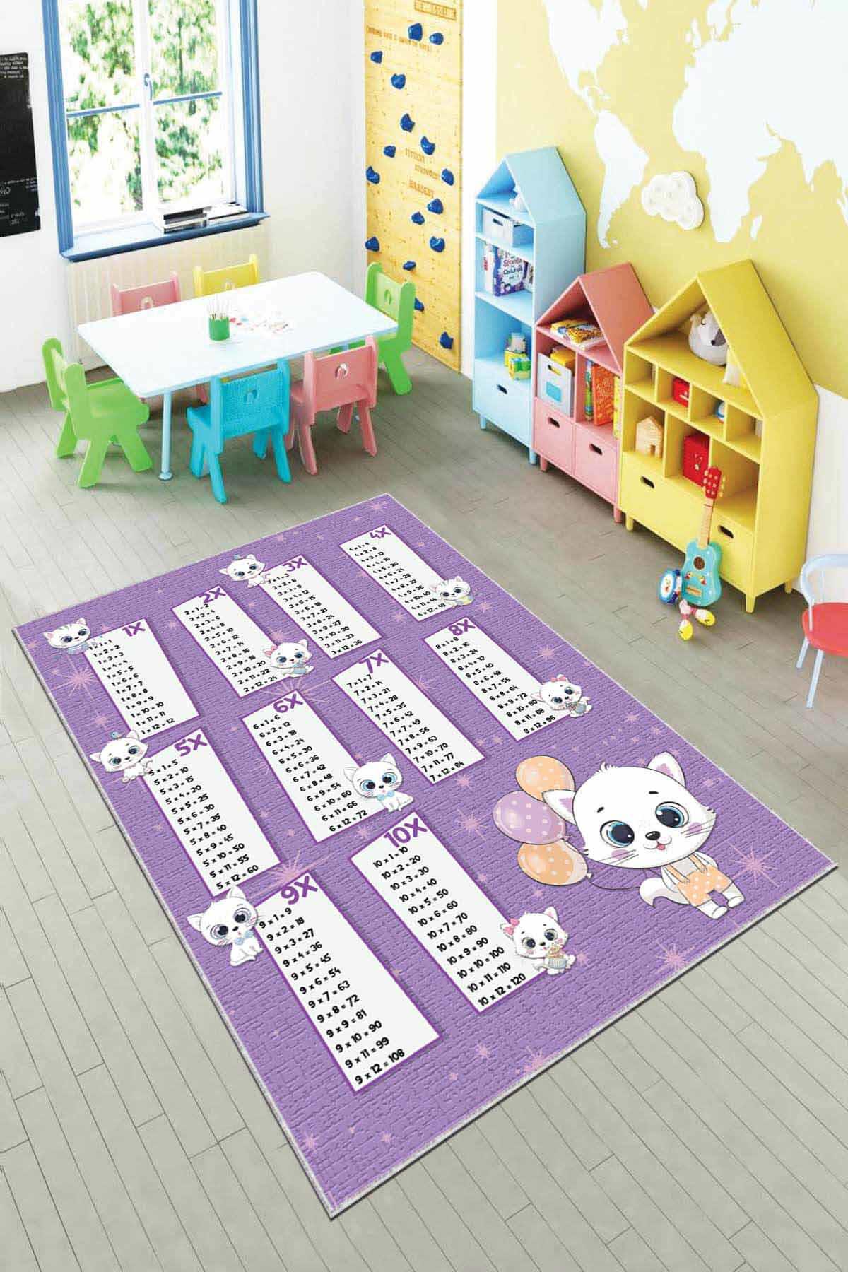 Viva Home AR275 Mor 7 mm Mikropolyester Antibakteriyel Yıkanabilir Kalın Kaymaz Pamuk Taban Dikdörtgen Makine Dokuma Salon Halısı 140x200 cm