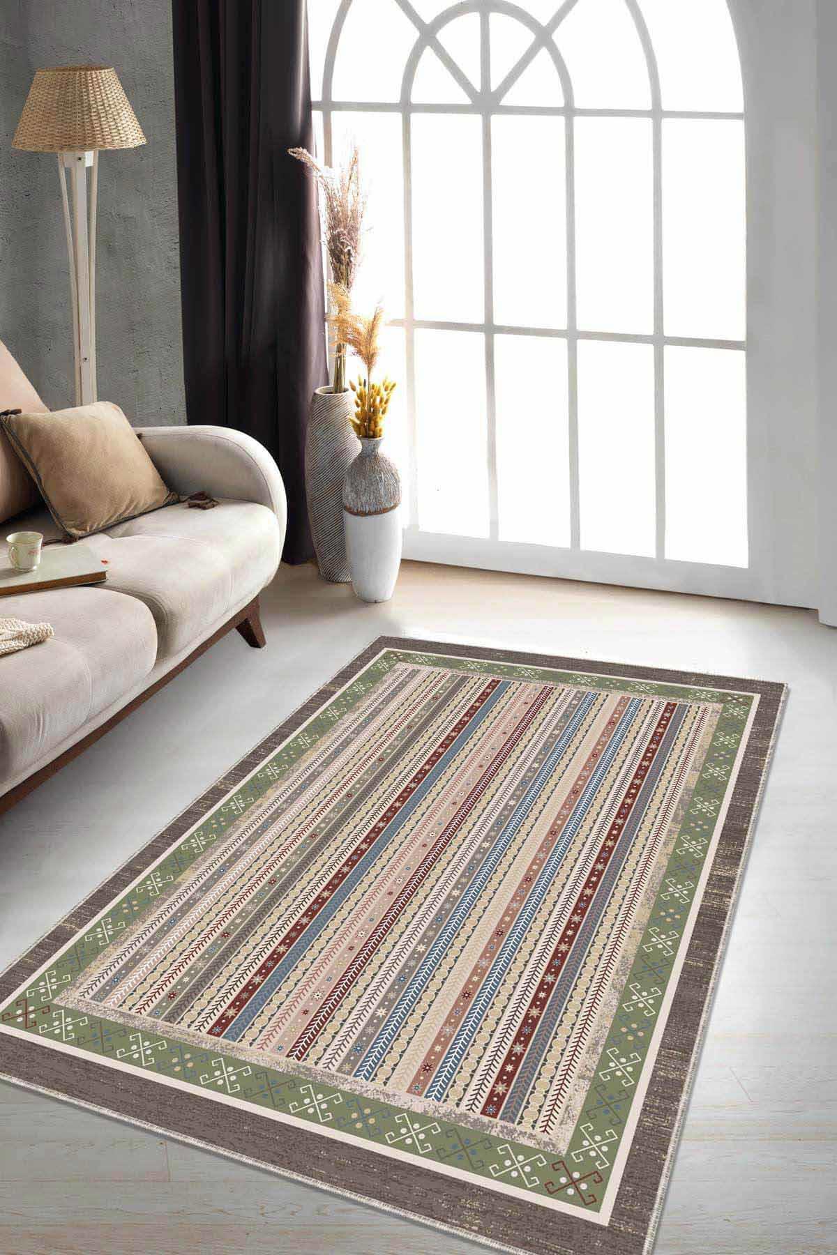 Viva Home RV273 Yeşil 7 mm Mikropolyester Yalıtıma Yardımcı Yıkanabilir İnce Kaymaz Taban Dikdörtgen Makine Dokuma Antre-Salon-Yatak Odası Halısı 120x180 cm