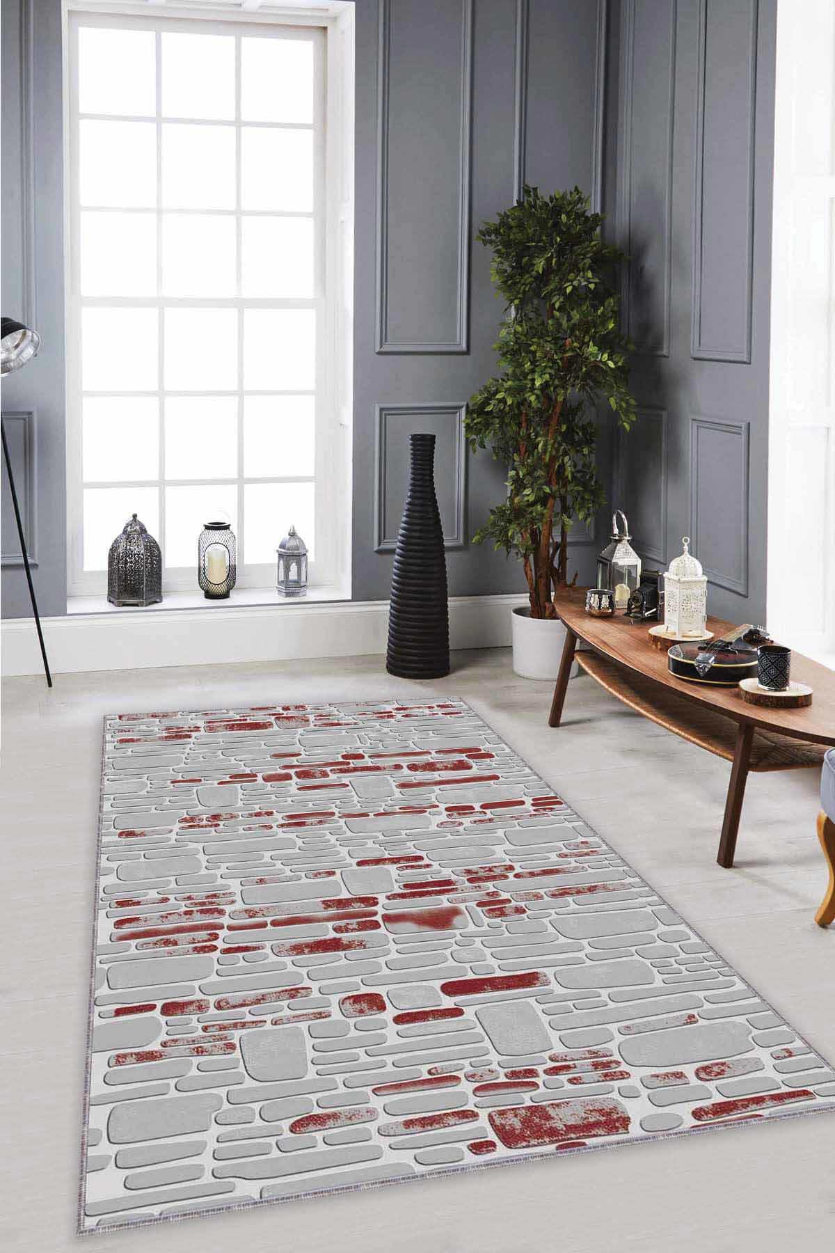 Viva Home RO07 Bordo 7 mm Mikropolyester Leke Tutmaz-Toz Tutmaz Yıkanabilir Orta Kaymaz Dot Taban Dikdörtgen Makine Dokuma Salon Halısı 100x200 cm
