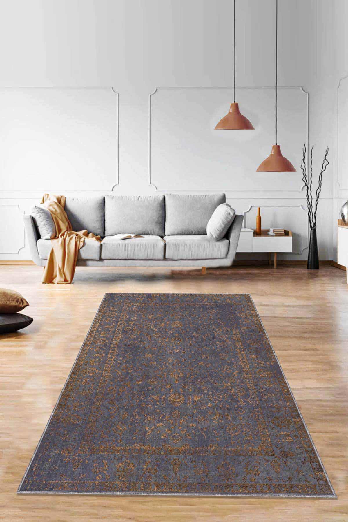 Viva Home RV285 Antrasit 7 mm Mikropolyester Yıkanabilir İnce Kaymaz Jüt Taban Dikdörtgen Makine Dokuma Salon Halısı 120x120 cm