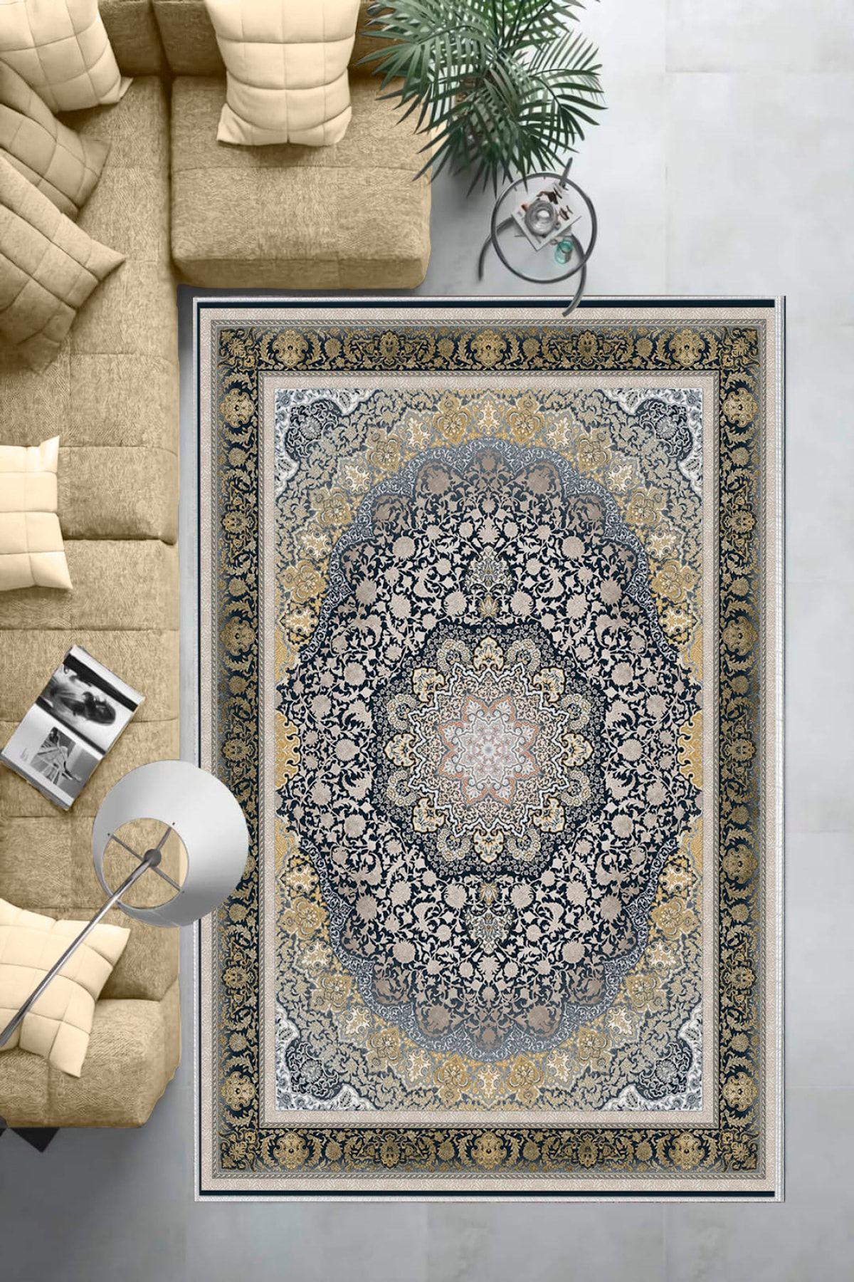 Aldora E4154 Lacivert 9 mm Deri Leke tutmaz Yıkanabilir İnce Kaymaz Deri Taban Dikdörtgen Makine Dokuma Salon Halısı 120x180 cm