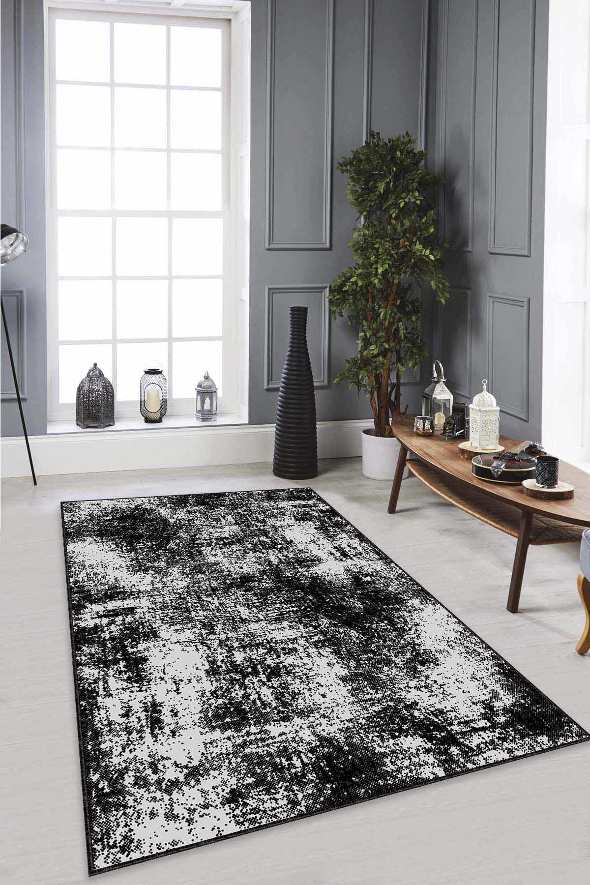 Viva Home AR480 Siyah 7 mm Mikropolyester Toz Tutmaz Yıkanabilir İnce Kaymaz Lateks Taban Dikdörtgen Makine Dokuma Salon Halısı 100x300 cm