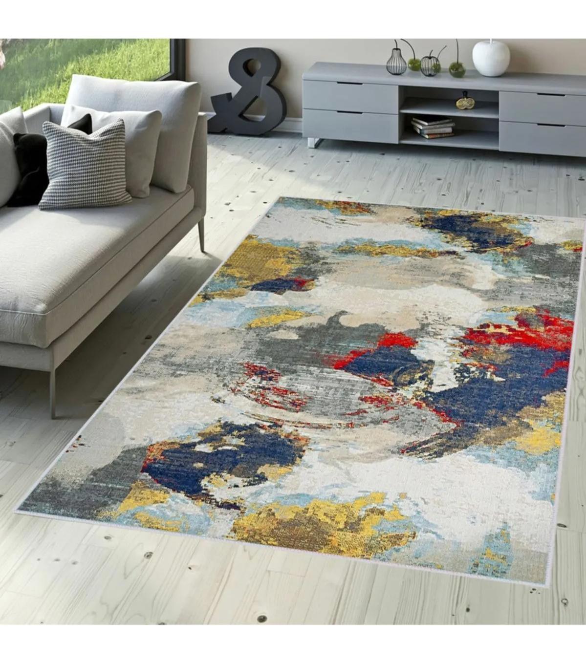 Rovigo Home RVG1711 Çok Renkli 8 mm Polyester Antibakteriyel-Leke Tutmaz-Toz Tutmaz Yıkanabilir İnce Kaymaz Dot Taban Dikdörtgen Makine Dokuma Salon Halısı 100x150 cm
