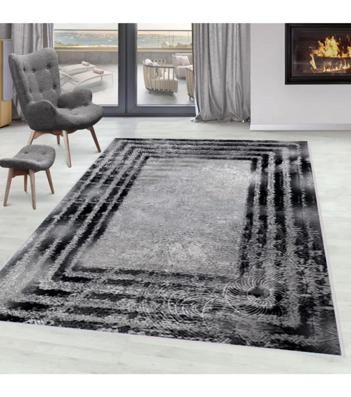 Rovigo Home RVG1586-SD236 Gri 8 mm Polyester Leke Tutmaz-Toz Tutmaz Yıkanabilir İnce Kaymaz Dot Taban Dikdörtgen Makine Dokuma Salon Halısı 160x230 cm
