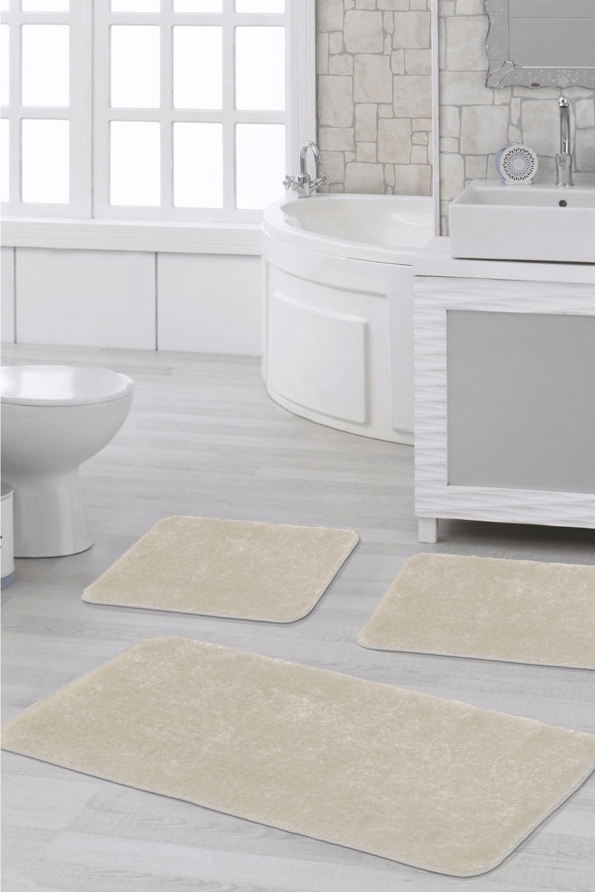 Eurobano Krem 20 mm Polyester Antibakteriyel Yıkanabilir Kalın Kaymaz Lateks Taban Makine Dokuma Banyo Halısı 100x200 cm