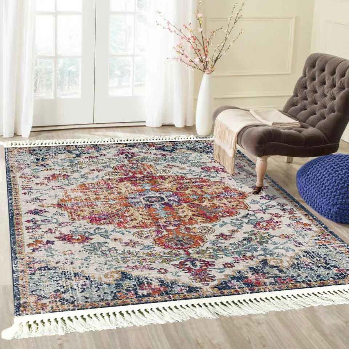 Prizma Home V6003 Çok Renkli Pamuk Toz Tutmaz Yıkanabilir Orta Dikdörtgen Makine Dokuma Oturma Odası-Salon Halısı 120x160 cm