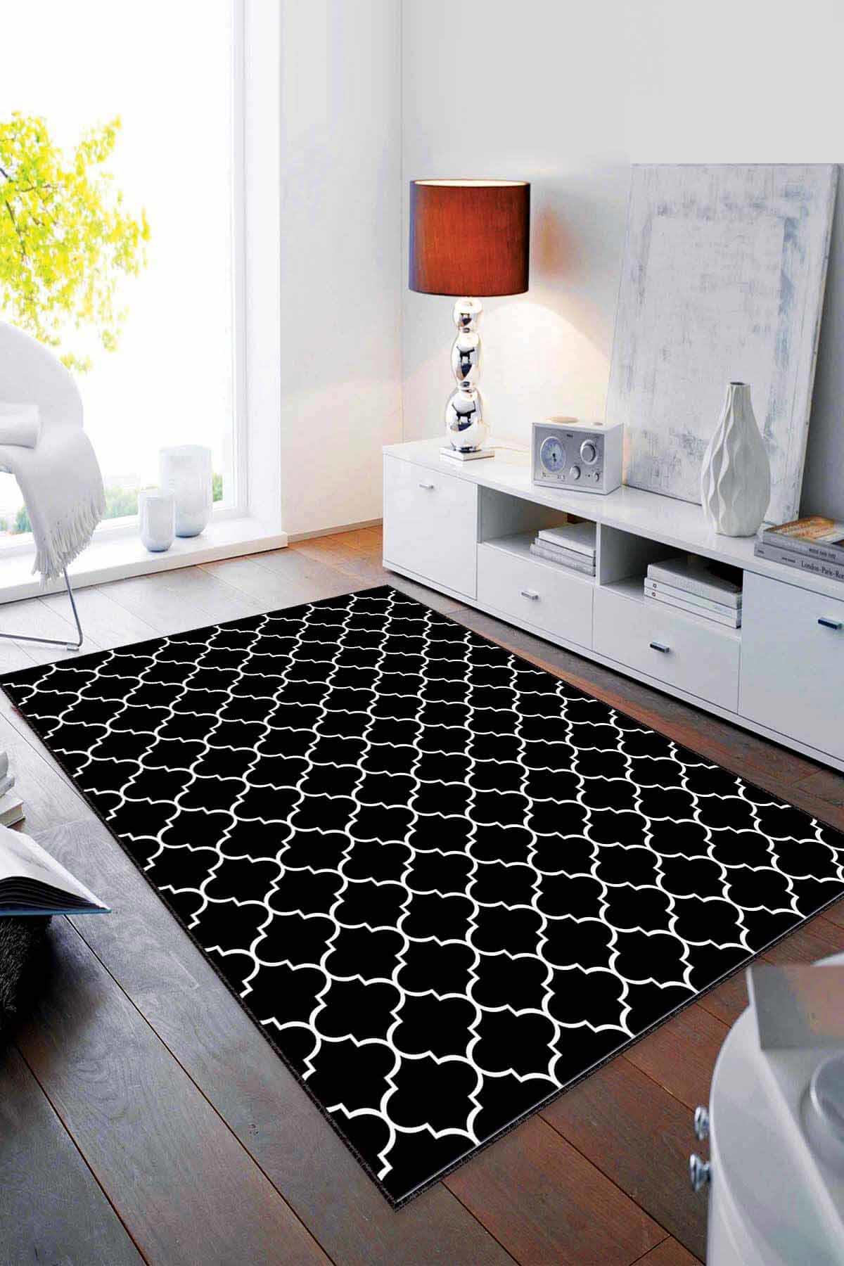 Viva Home RV153 Siyah 7 mm Mikropolyester Antibakteriyel Yıkanabilir Kalın Kaymaz Lateks Taban Dikdörtgen Makine Dokuma Salon Halısı 100x200 cm