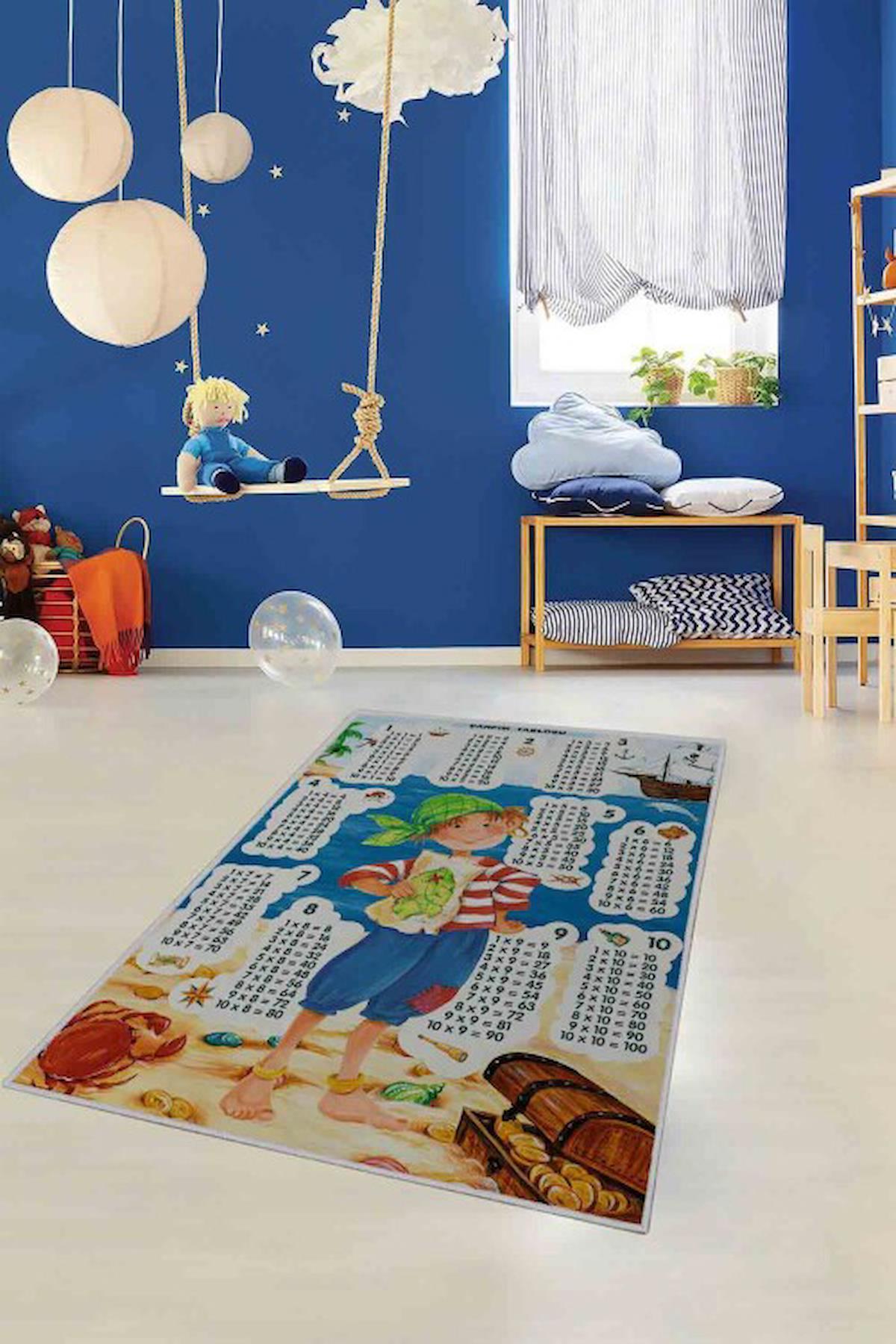 Homefesto Krem 5 mm Polyester Leke Tutmaz Yıkanabilir İnce Kaymaz Taban Eğitici Dikdörtgen Makine Dokuma Çocuk Odası Halısı 120x170 cm