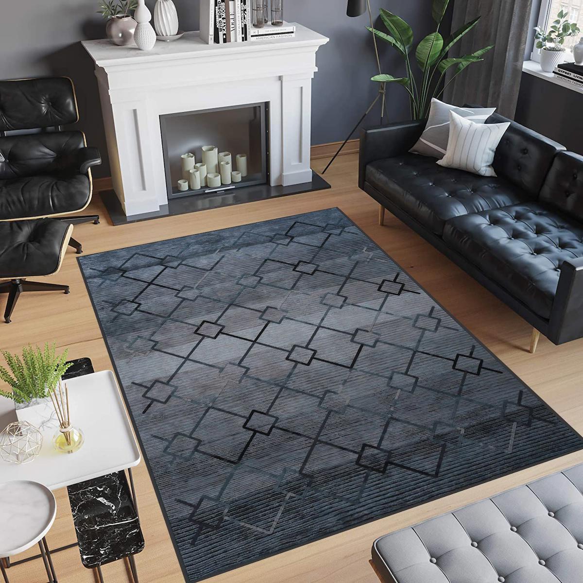 Rovigo Home RVG0730 Antrasit 8 mm Polyester Antibakteriyel-Leke Tutmaz-Toz Tutmaz Yıkanabilir İnce Kaymaz Dot Taban Dikdörtgen Makine Dokuma Salon Halısı 160x230 cm
