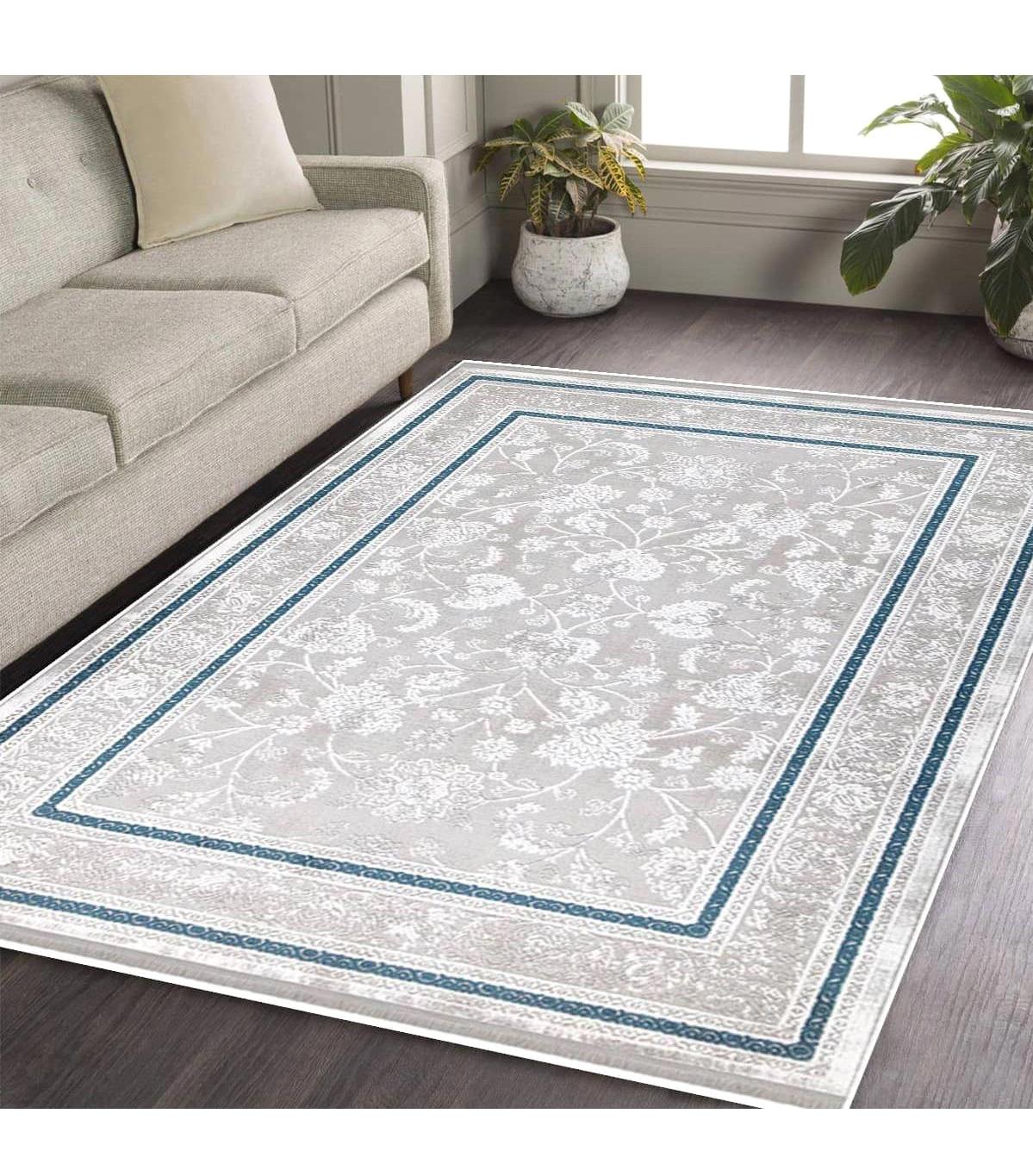 İpek Mekik Halı Gaspara Gri-Mavi 10 mm Akrilik Yıkanabilir Orta Kaymaz Pamuk Taban Dikdörtgen Makine Dokuma Antre-Çocuk Odası-Salon-Yatak Odası Halısı 80x150 cm