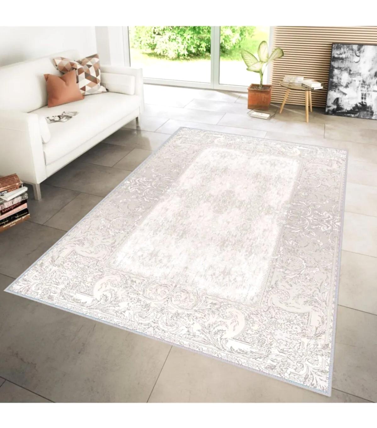 Rovigo Home RVG1257 Krem 8 mm Polyester Antibakteriyel-Leke Tutmaz-Toz Tutmaz Yıkanabilir İnce Kaymaz Dot Taban Dikdörtgen Makine Dokuma Salon Halısı 200x200 cm