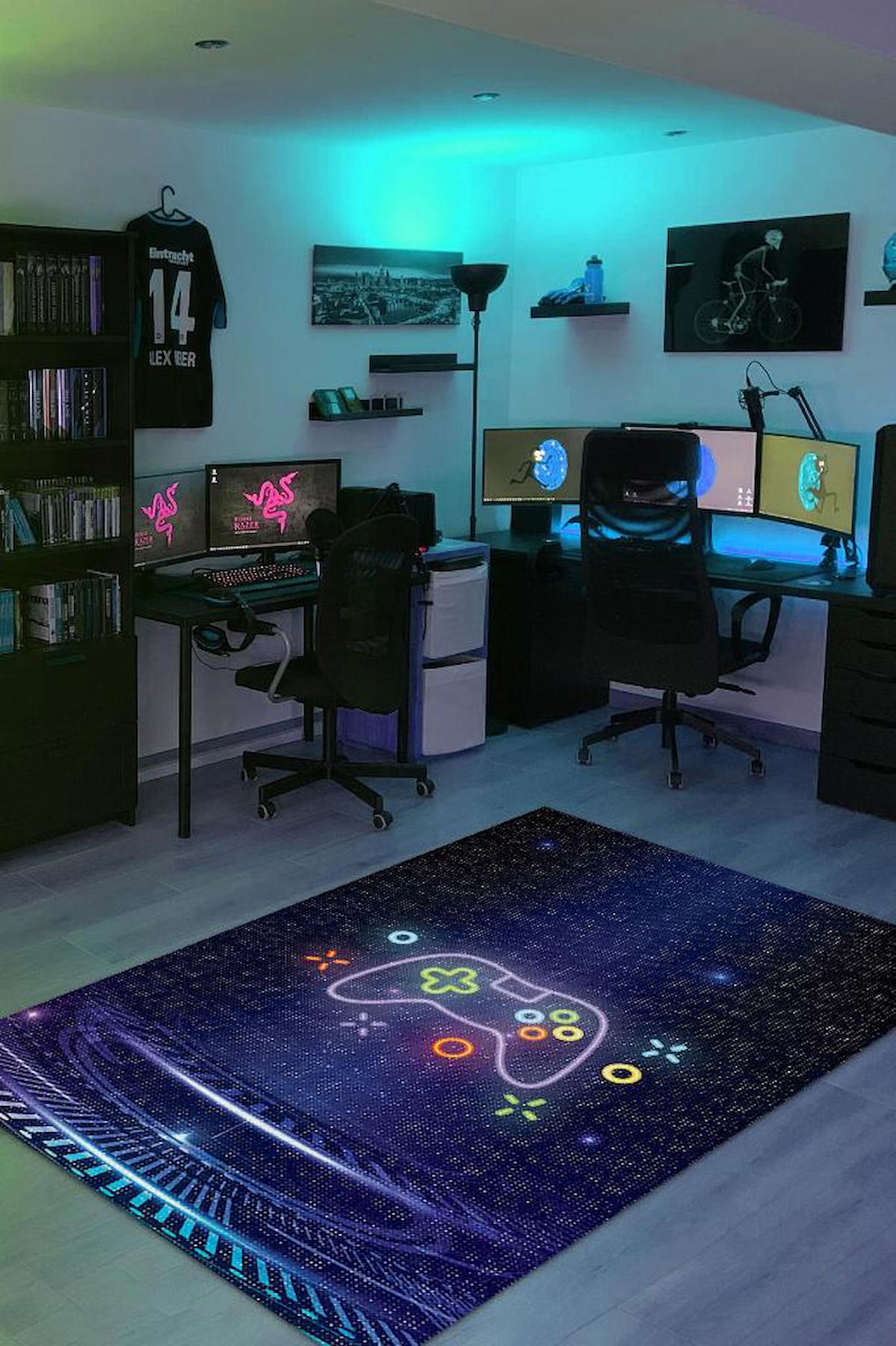 Homshtag Neon Gamer Krem 4 mm Pamuk Antistatik Yıkanabilir İnce Kaymaz Dikdörtgen Makine Dokuma Genç Odası Halısı 120x180 cm