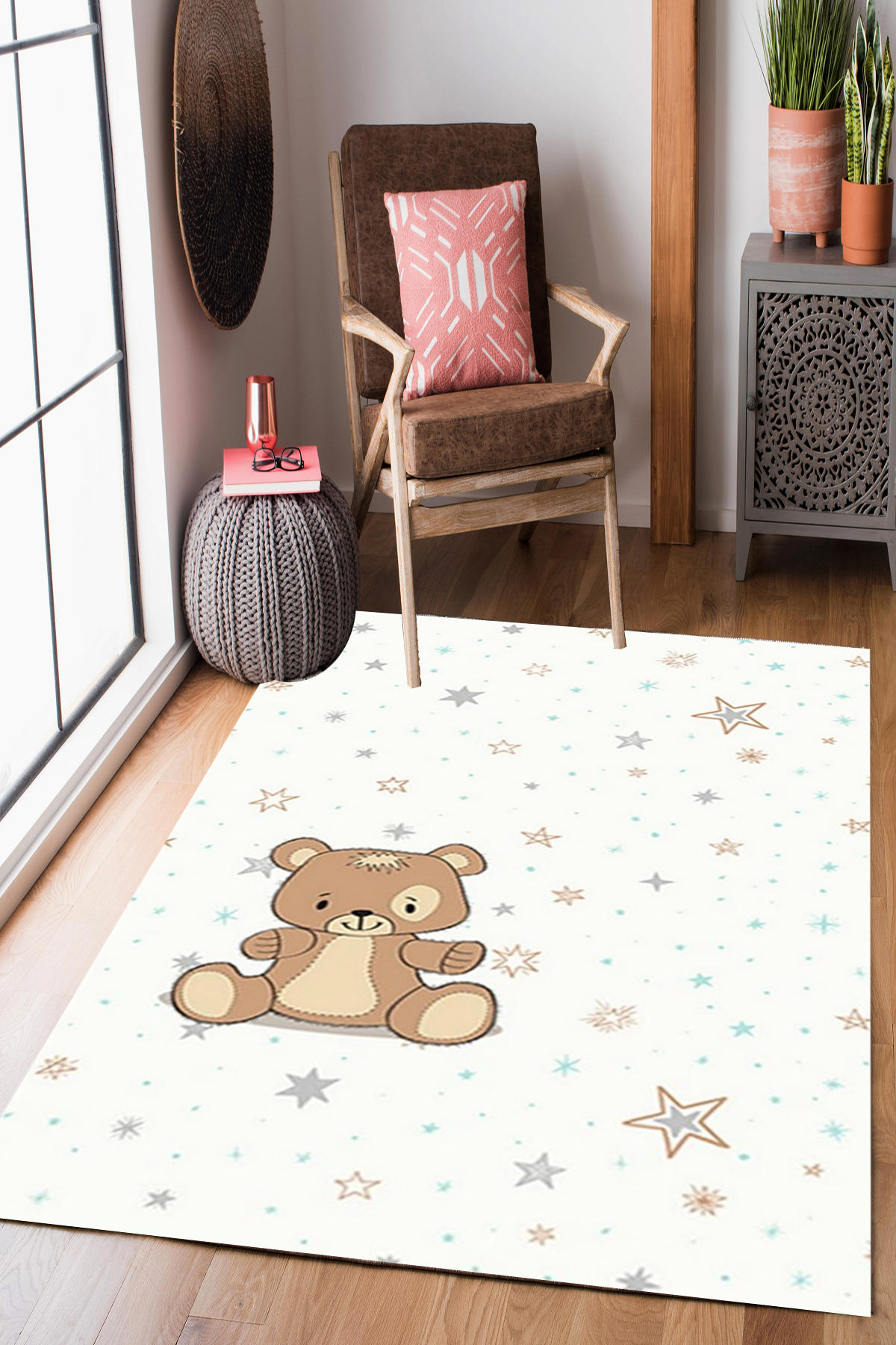 Homier Collection H-CK-10108A Krem 9 mm Pamuk Antibakteriyel Yıkanabilir Orta Kaymaz Dikdörtgen Makine Dokuma Çocuk Odası Halısı 120x180 cm