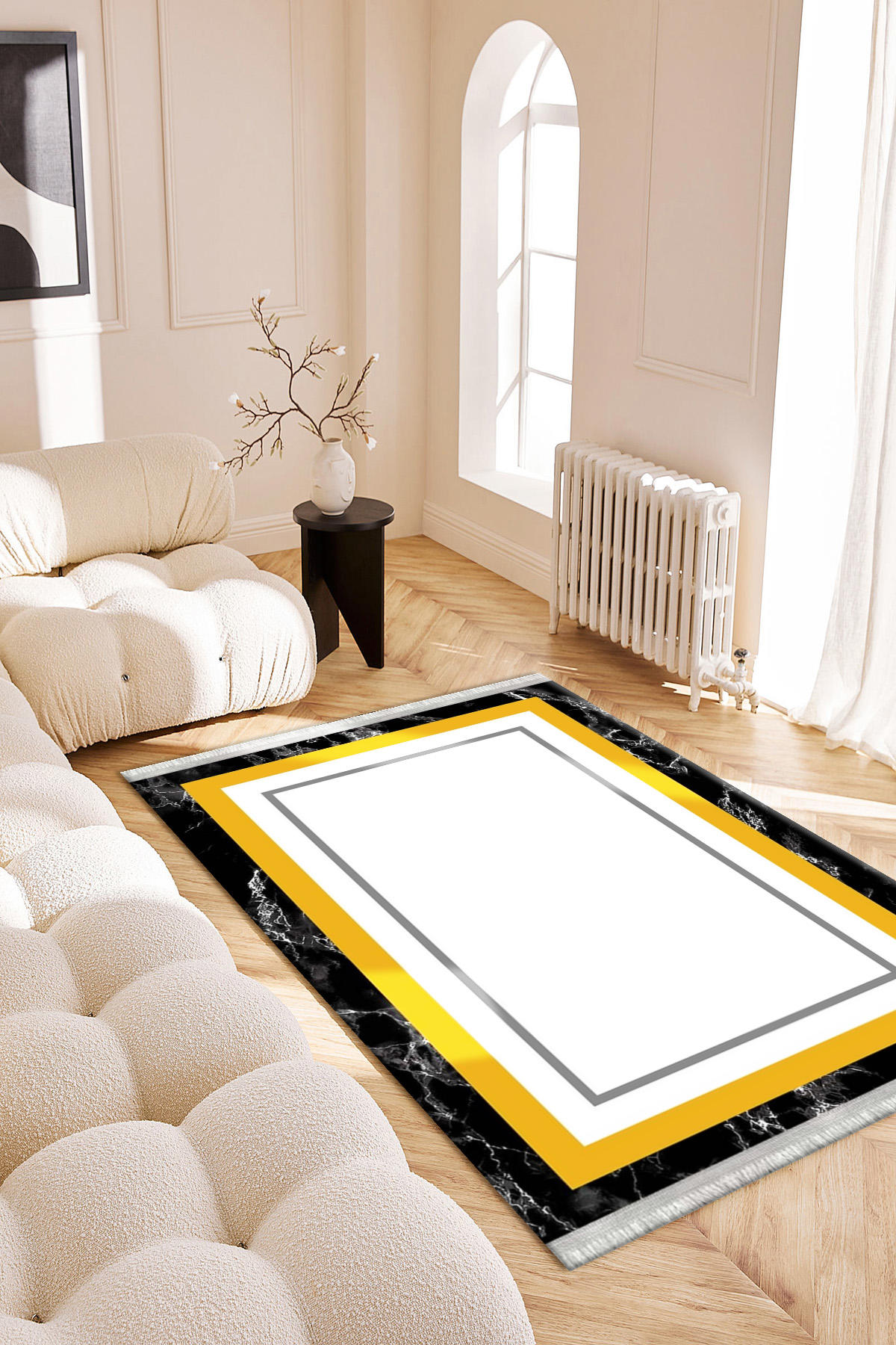 Roslyn Home Sarı 6 mm Polyester Toz Tutmaz Yıkanabilir İnce Kaymaz Dot Taban Dikdörtgen Makine Dokuma Salon Halısı 80x500 cm