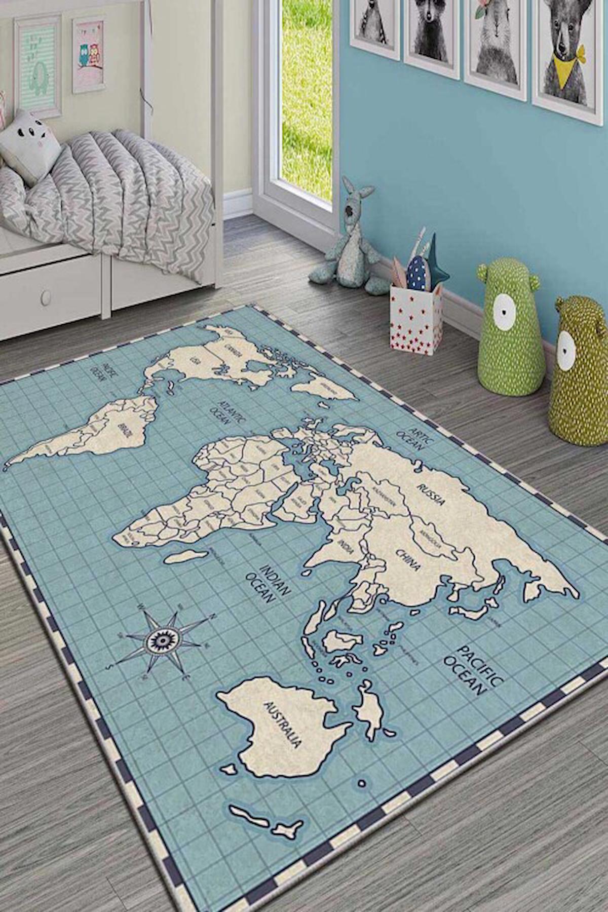Homefesto Krem 5 mm Polyester Leke Tutmaz Yıkanabilir İnce Kaymaz Taban Harita Desenli Dikdörtgen Makine Dokuma Çocuk Odası Halısı 100x200 cm