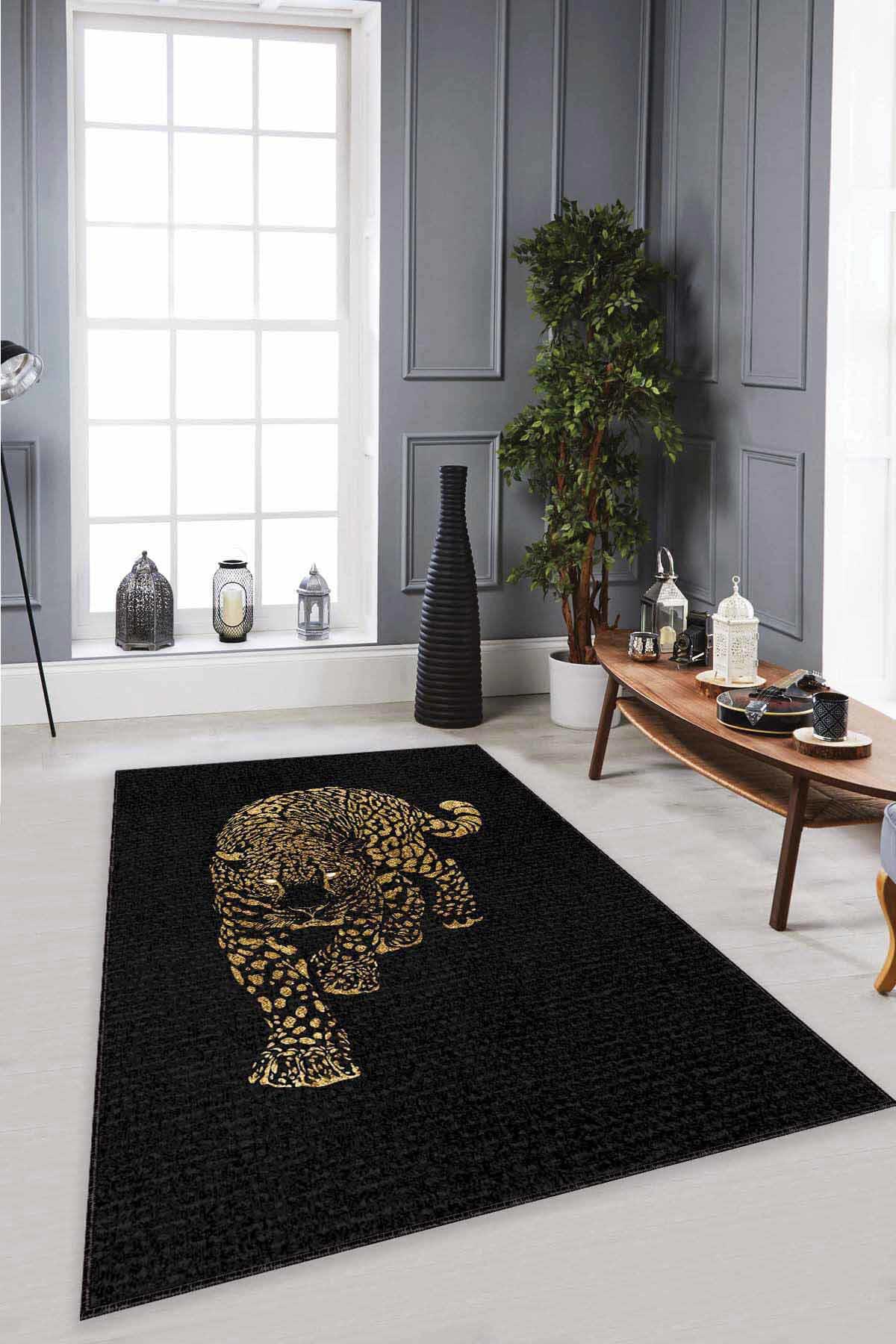 Viva Home RV365 Altın 7 mm Mikropolyester Antibakteriyel Yıkanabilir İnce Kaymaz Dot Taban Hayvan Desenli Dikdörtgen Makine Dokuma Salon Halısı 120x180 cm