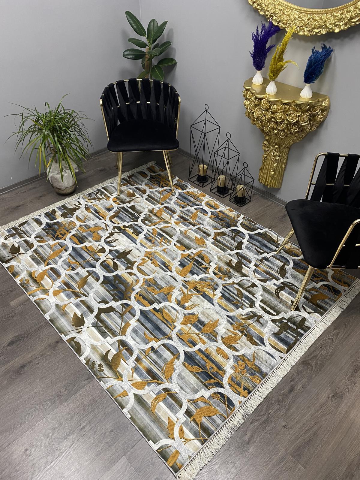 Halı Furyası Çok Renkli 12 mm Polyester Antikansorejen Yıkanabilir İnce Kaymaz Deri Taban Geometrik Dikdörtgen Makine Dokuma Oturma Odası-Salon Halısı