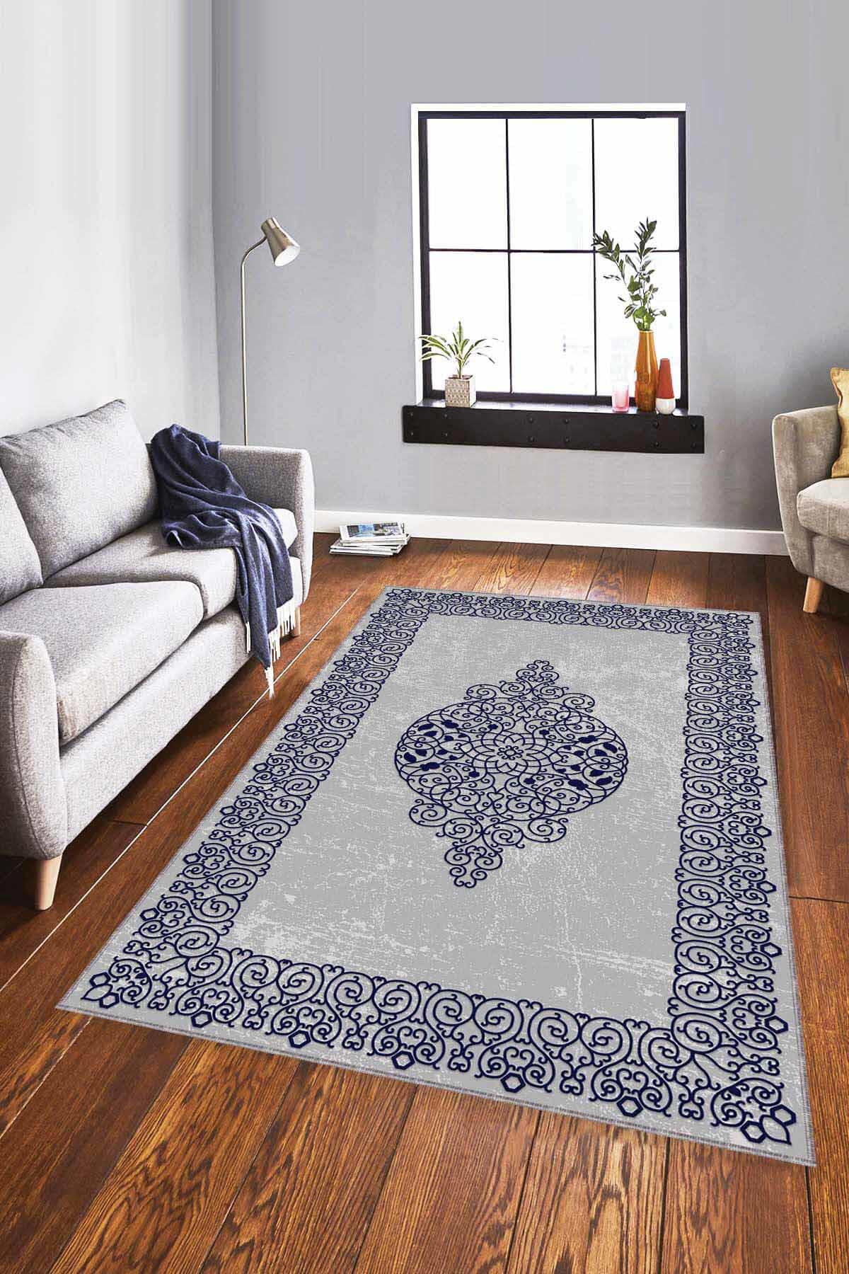 Viva Home MK48 Lacivert 7 mm Mikropolyester Leke tutmaz Yıkanabilir İnce Kaymaz Dot Taban Dikdörtgen Makine Dokuma Salon Halısı 100x300 cm