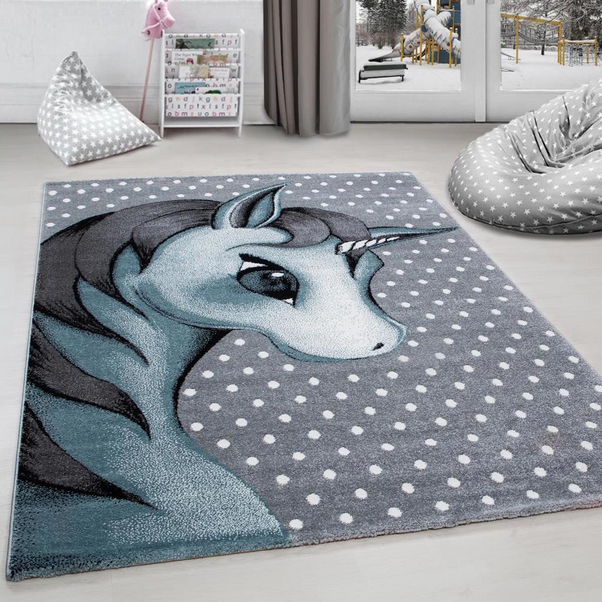 Red Halı Mavi 11 mm Polipropilen Antialerjenik Yıkanabilir Orta Kaymaz Jüt Taban Hayvan Desenli Dikdörtgen Makine Dokuma Çocuk Odası Halısı 100x150 cm