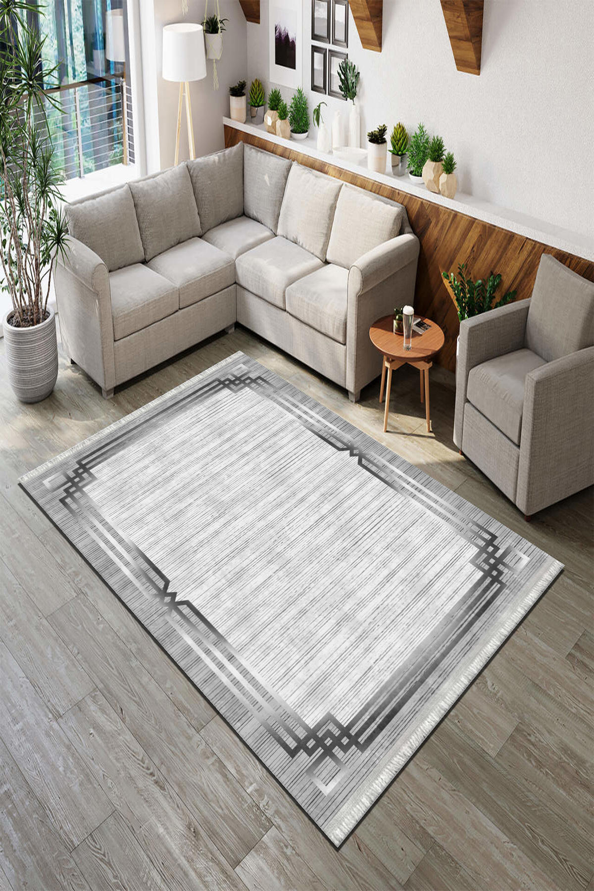 Roslyn Home Gri 6 mm Polyester Toz Tutmaz Yıkanabilir İnce Kaymaz Dot Taban Kare Makine Dokuma Salon Halısı 100x150 cm