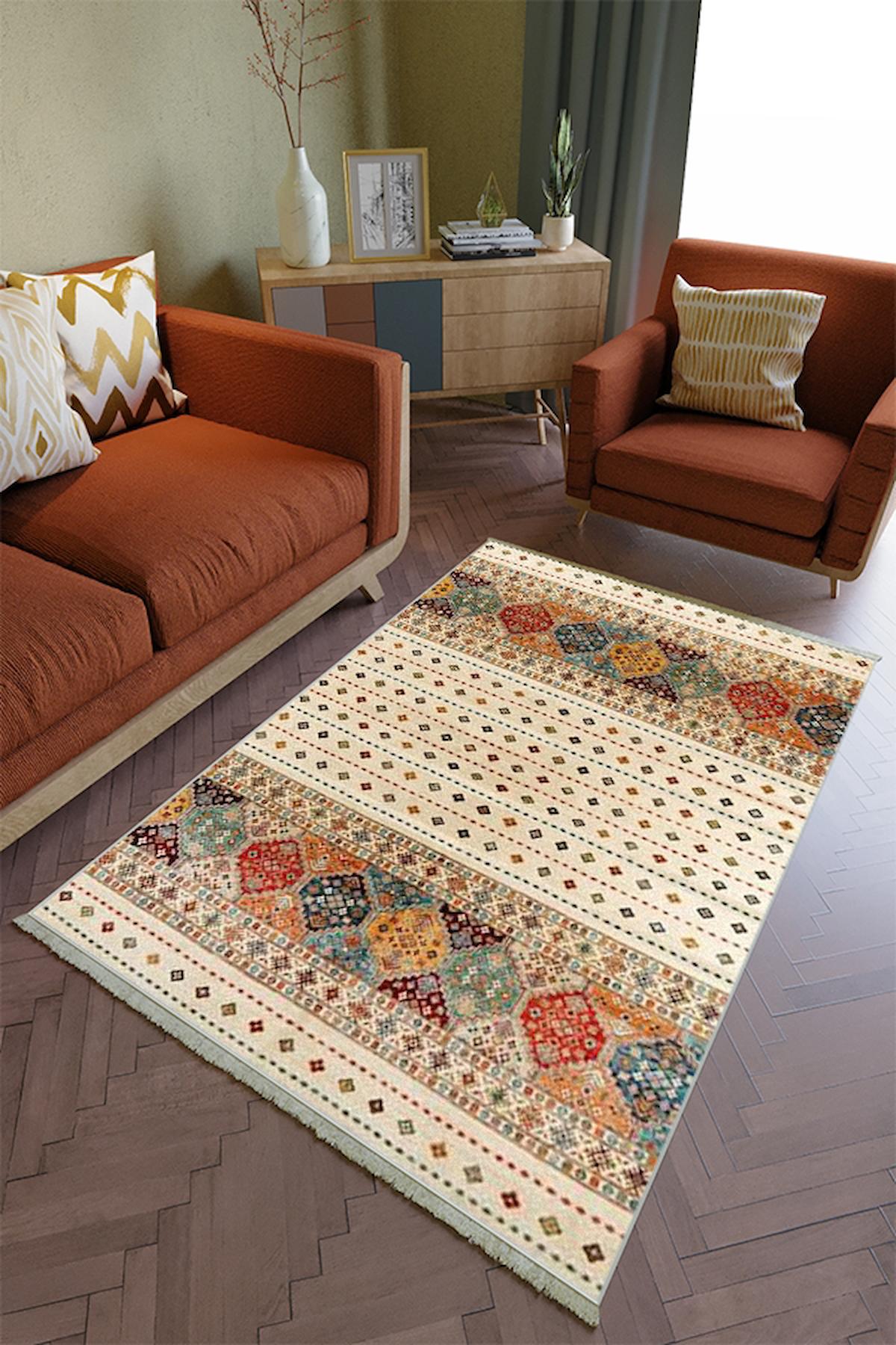 10 Post Online Bej 4 mm Polyester Yıkanabilir Kalın Kaymaz Lateks Taban Dikdörtgen Makine Dokuma Salon Halısı 120x180 cm