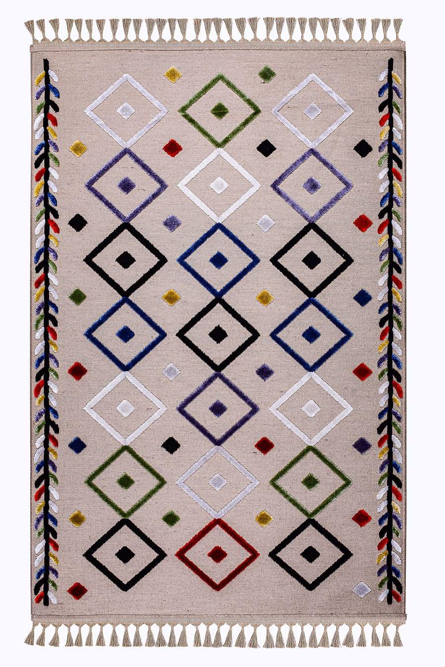 Kreasyon Halı Jutt 9235 Vizon 3 mm Akrilik Yalıtıma Yardımcı Yıkanabilir İnce Kaymaz Pamuk Taban Geometrik Dikdörtgen Makine Dokuma Salon Halısı 80x150 cm