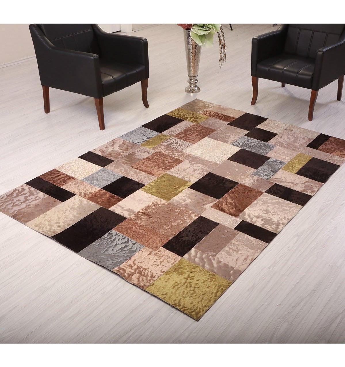 Leatinn Krem 10 mm Deri Antibakteriyel Yıkanabilir Orta Kaymaz Dot Taban Geometrik Dikdörtgen El Dokuması Salon Halısı 120x180 cm