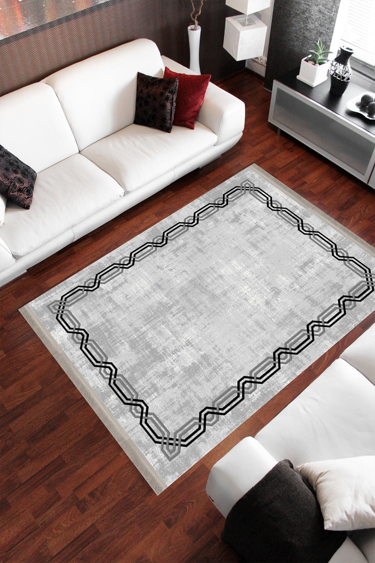 Homier Collection H-MD-0061B Gri-Siyah 7 mm Pamuk Antibakteriyel Yıkanabilir Orta Kaymaz Dot Taban Dikdörtgen Makine Dokuma Salon Halısı 80x150 cm