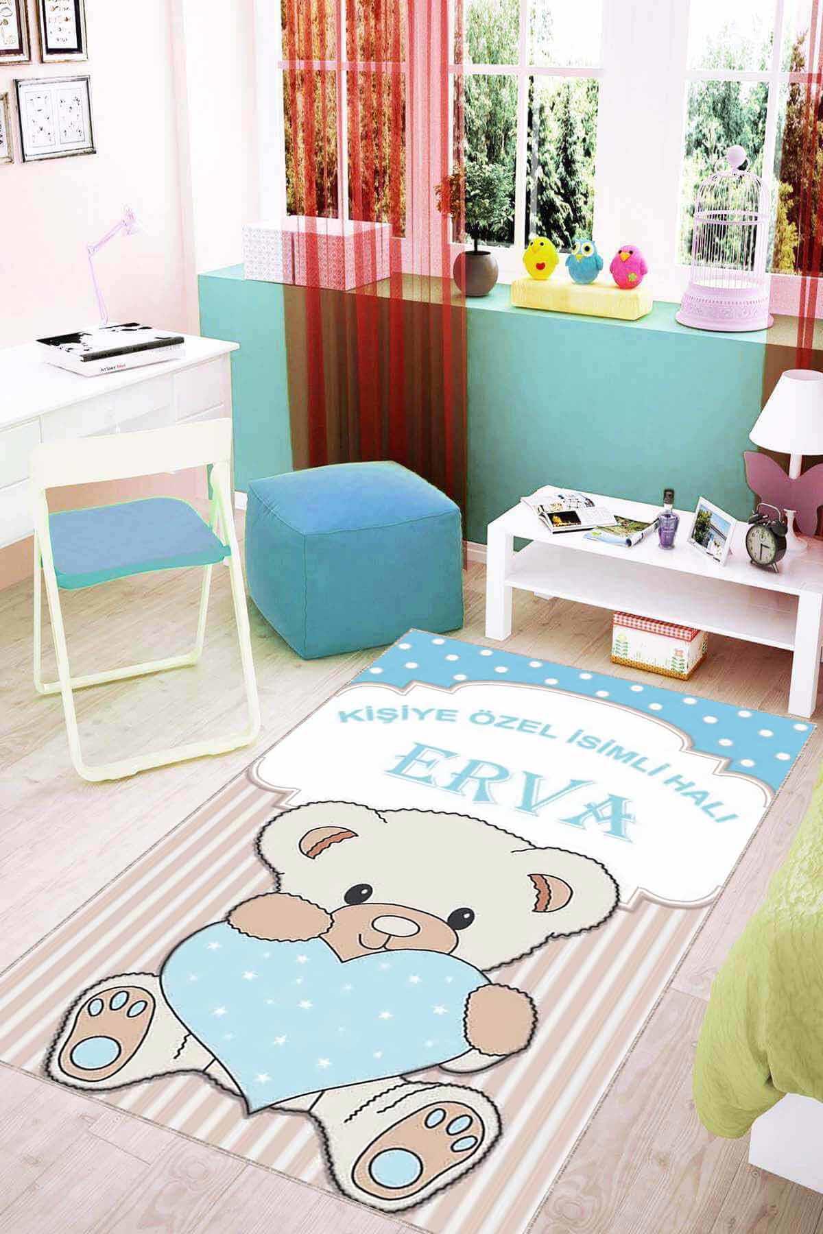 Viva Home KD02 Mavi 7 mm Mikropolyester Leke tutmaz Yıkanabilir İnce Kaymaz Dot Taban Dikdörtgen Makine Dokuma Çocuk Odası Halısı 140x200 cm