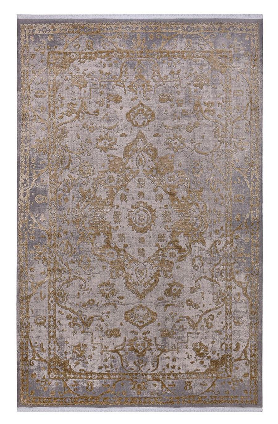 Kreasyon Halı Biblos 9309 Altın 8 mm Akrilik Toz tutmaz Yıkanabilir İnce Kaymaz Pamuk Taban Dikdörtgen Makine Dokuma Salon Halısı 160x230 cm