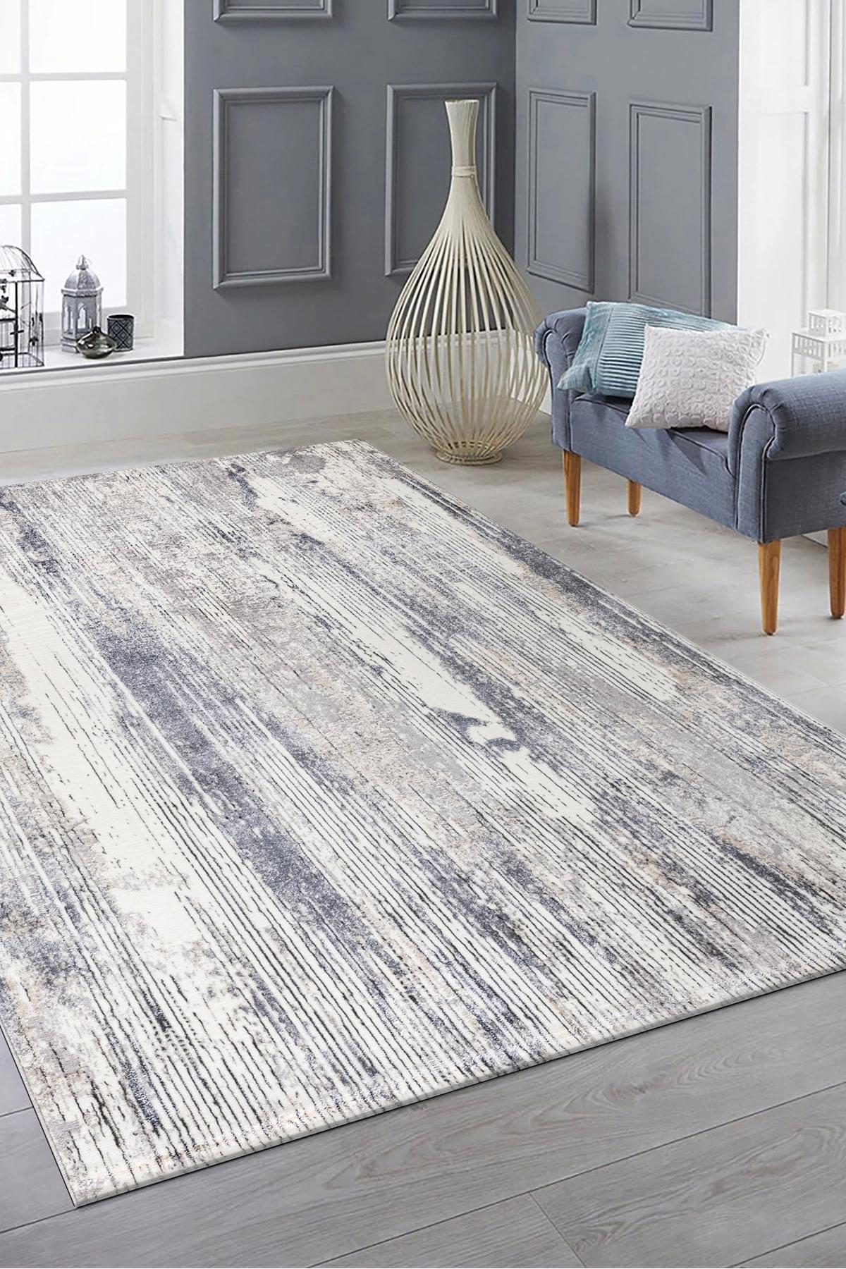 Şehrazat Home 1730 Gri 0.9 mm Polyester Antibakteriyel Yıkanabilir İnce Kaymaz Dikdörtgen Makine Dokuma Salon Halısı 133x190 cm