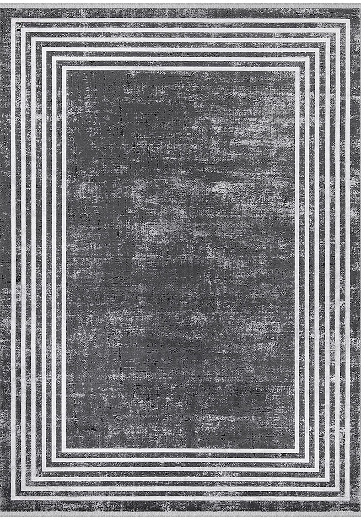 İpek Home Roxanne 17109 Gri-Siyah 8 mm Akrilik Yıkanabilir İnce Kaymaz Pamuk Taban Dikdörtgen Makine Dokuma Antre-Çocuk Odası-Salon-Yatak Odası Halısı 80x150 cm