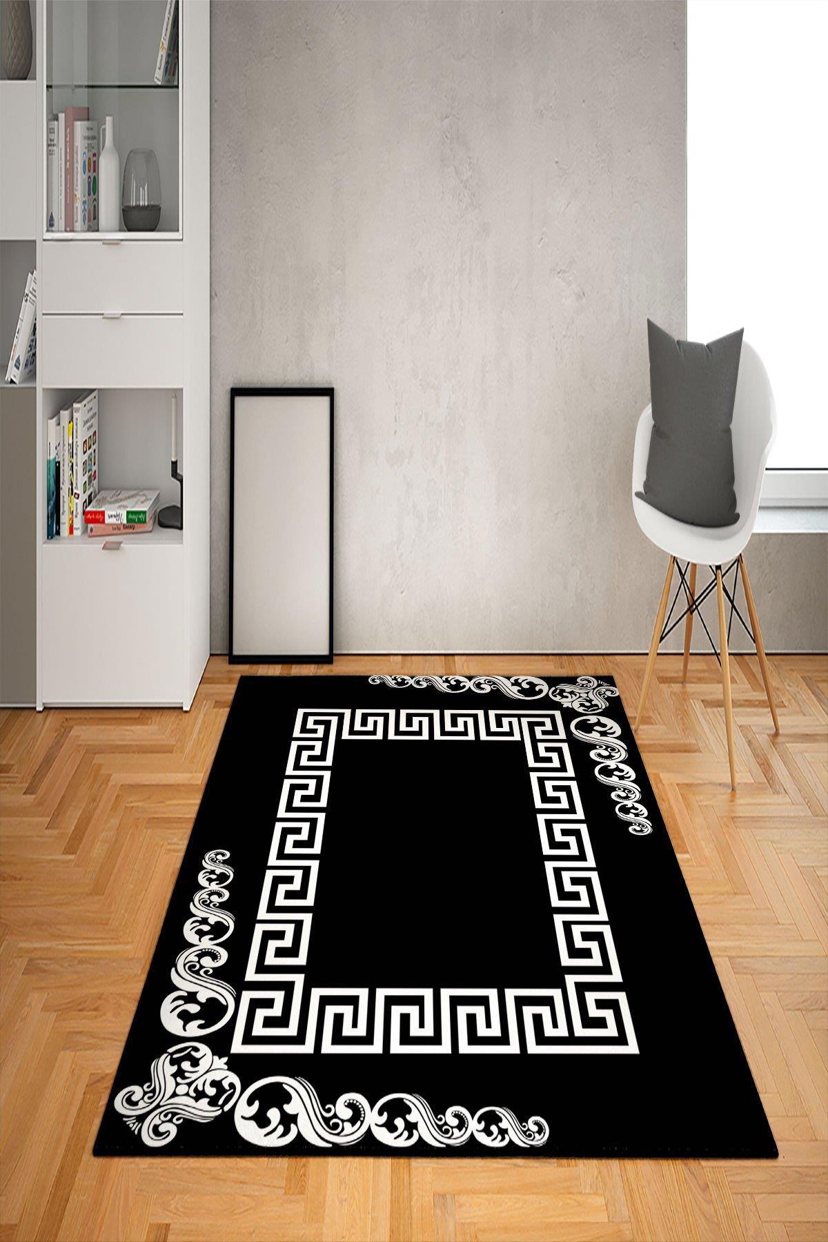 Doruklar Home Collection Beyaz - Siyah 0.7 mm Yıkanabilir Kaymaz Taban Geometrik Dikdörtgen Makine Dokuma Halı 200x300 cm
