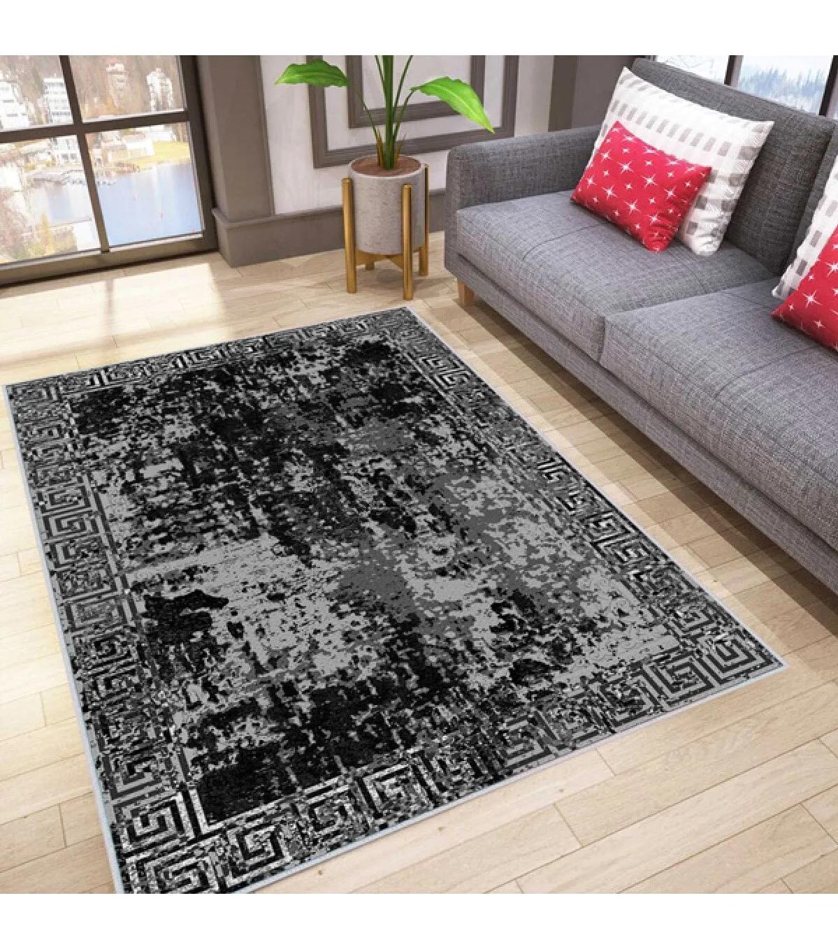 Rovigo Home RVG0045-SD1105 Gri-Siyah 8 mm Polyester Yıkanabilir Orta Kaymaz Dot Taban Dikdörtgen Makine Dokuma Salon Halısı 120x180 cm