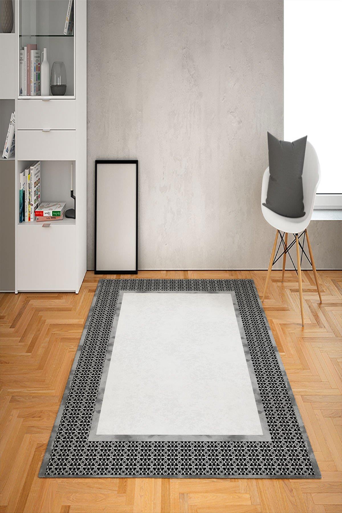 Doruklar Home Collection Beyaz-Gri 0.7 mm Antibakteriyel Yıkanabilir Kalın Kaymaz Taban Geometrik Dikdörtgen Makine Dokuma Salon Halısı 100x150 cm