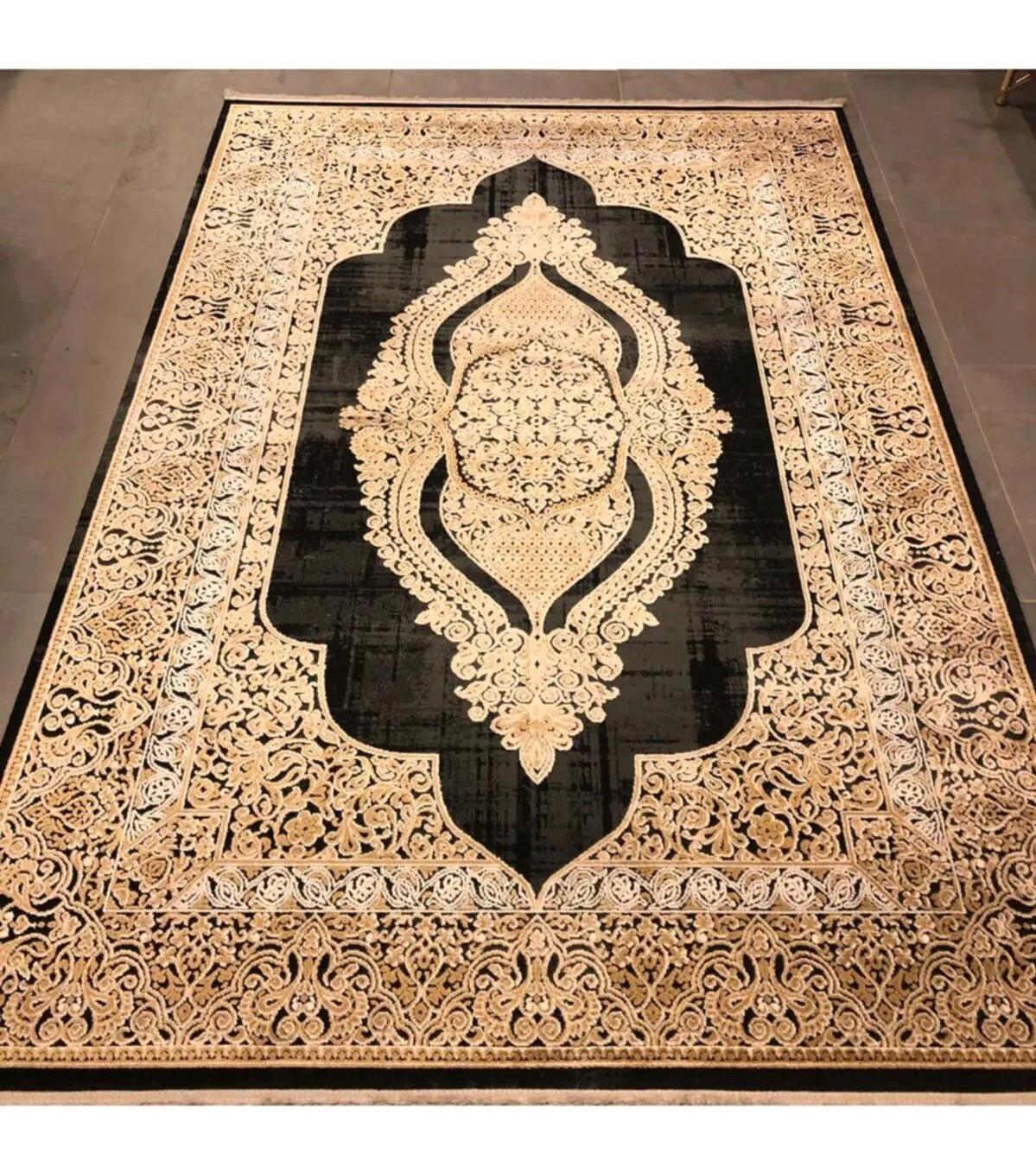 Artemis Halı Valora 5909A Altın-Siyah Akrilik Yıkanabilir İnce Kaymaz Jüt Taban Dikdörtgen Makine Dokuma Salon Halısı 100x200 cm