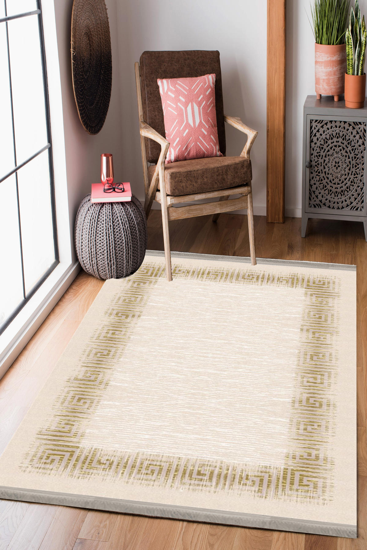Homier Collection H-MD-0055A Kahverengi 7 mm Pamuk Antibakteriyel Yıkanabilir Orta Kaymaz Dot Taban Dikdörtgen Makine Dokuma Salon Halısı 100x200 cm