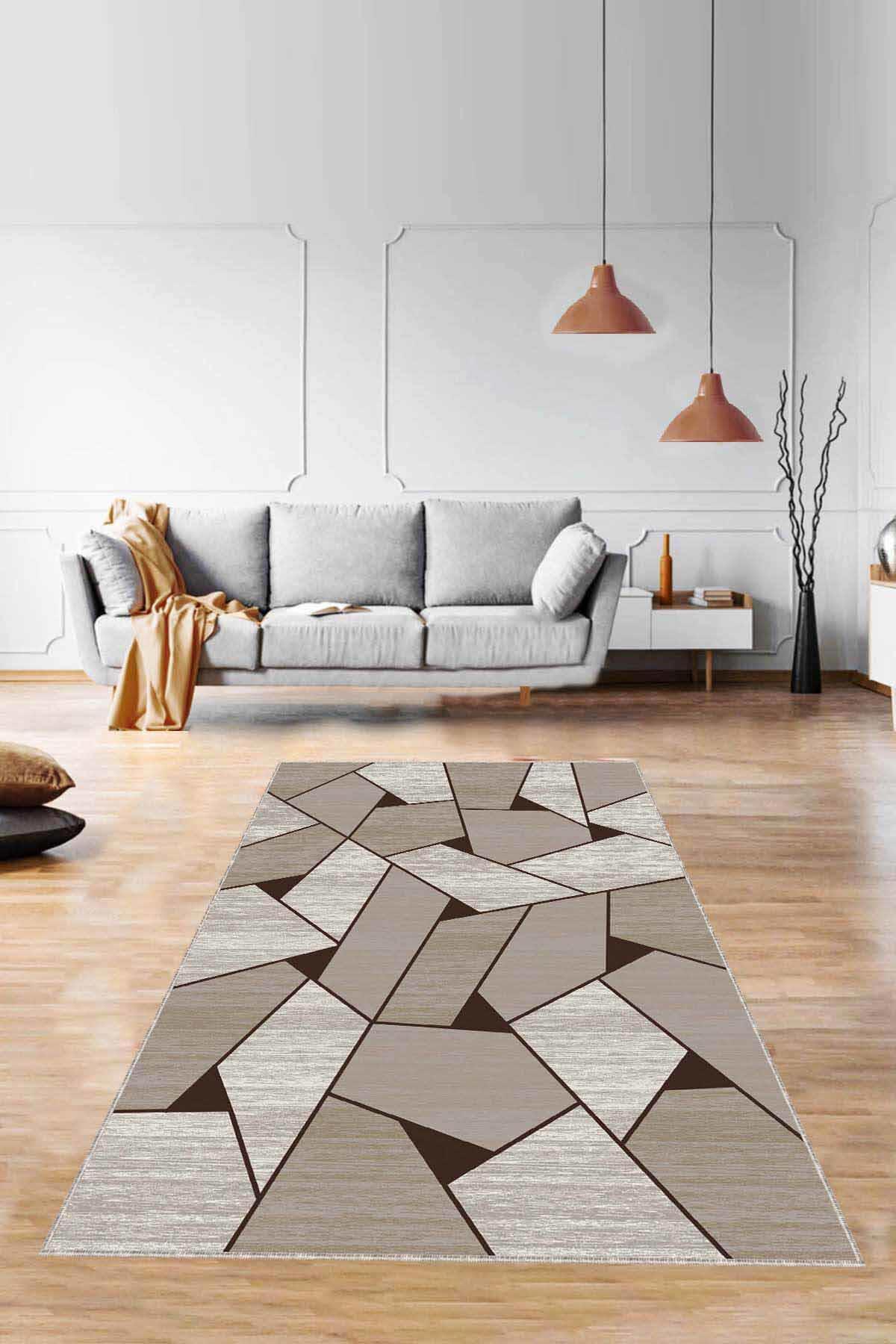 Viva Home WL08 Bej 7 mm Mikropolyester Yıkanabilir İnce Kaymaz Jüt Taban Dikdörtgen Makine Dokuma Salon Halısı 120x180 cm
