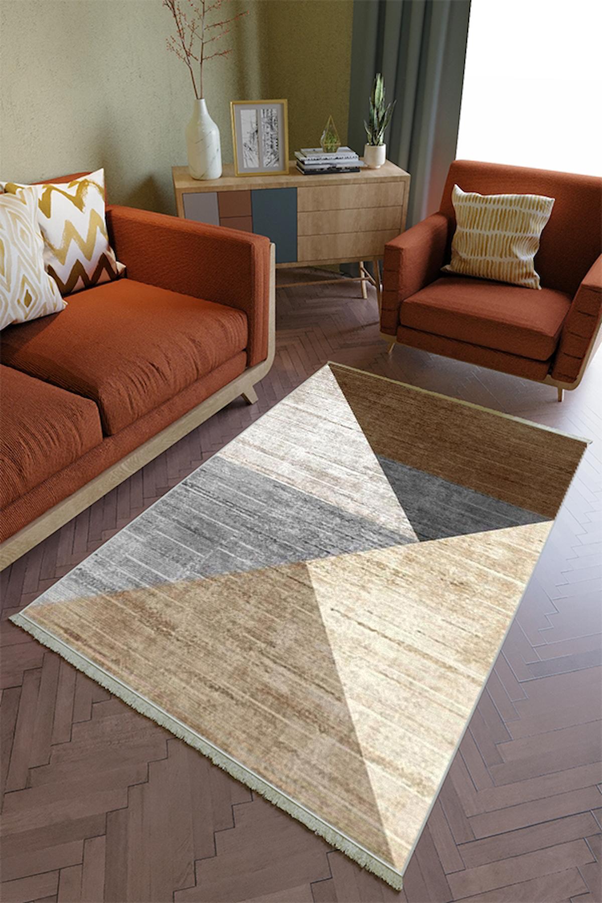 10 Post Online Kahverengi 4 mm Polyester Yıkanabilir Kalın Kaymaz Lateks Taban Dikdörtgen Makine Dokuma Salon Halısı 120x120 cm