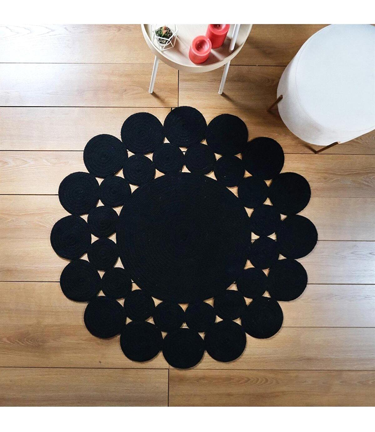 Evve Mall 1 Siyah 7 mm Pamuk Silinebilir Yıkanabilir Orta Kaymaz Taban Yuvarlak Makine Dokuma Salon Halısı 160x230 cm