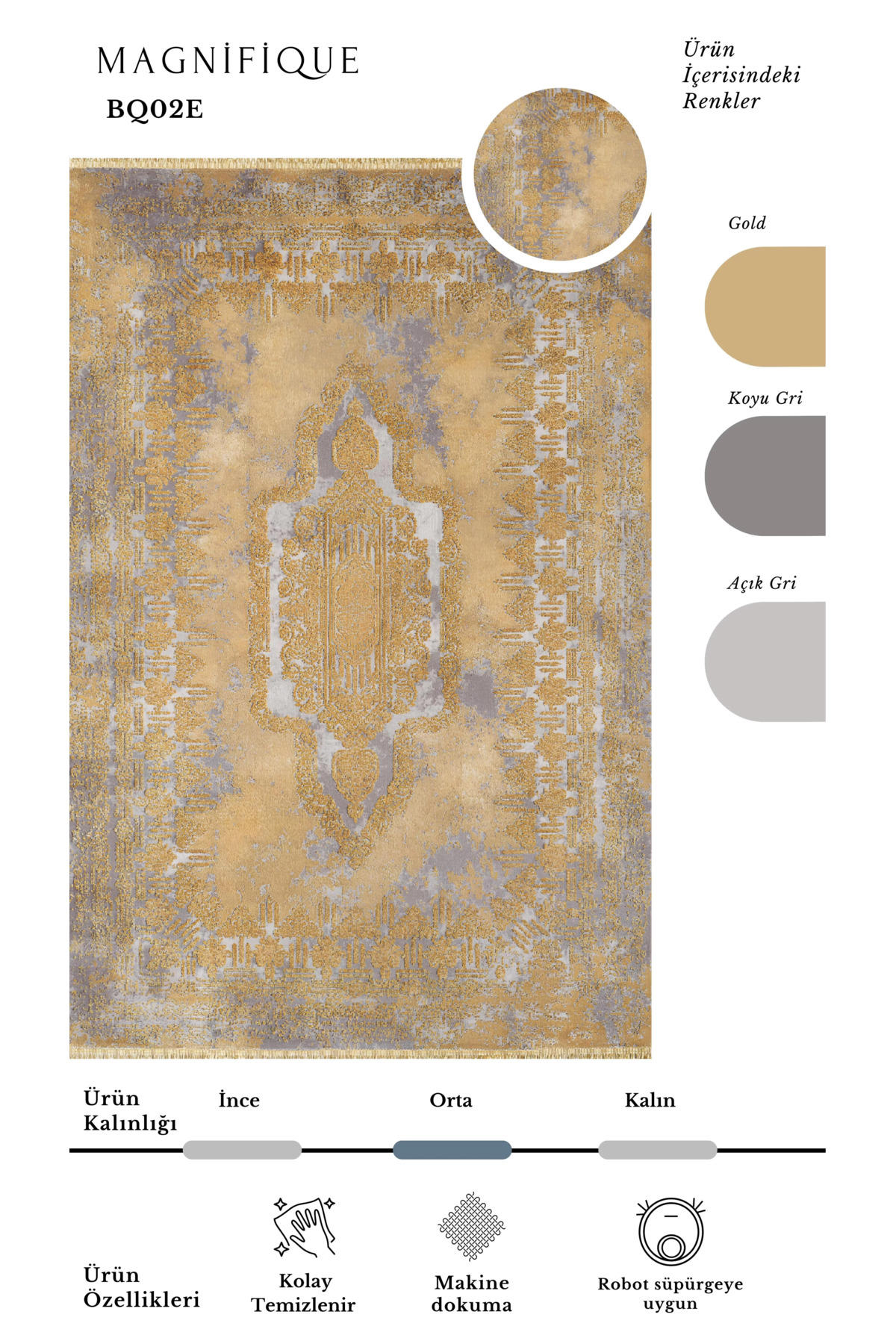 Pierre Cardin Magnifique Gri-Sarı 6 mm İpek Yumuşak Yıkanabilir İnce Kaymaz Dikdörtgen Makine Dokuma Salon Halısı 240x300 cm