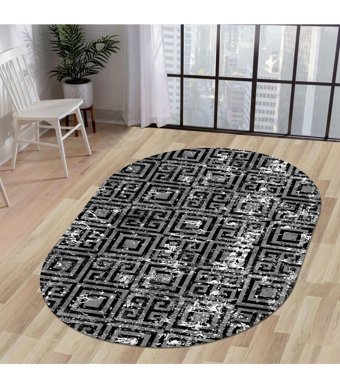 Dijidekor K1320 Gri-Siyah 7 mm Polipropilen Yıkanabilir Orta Kaymaz Dot Taban Oval Makine Dokuma Salon Halısı 80x200 cm