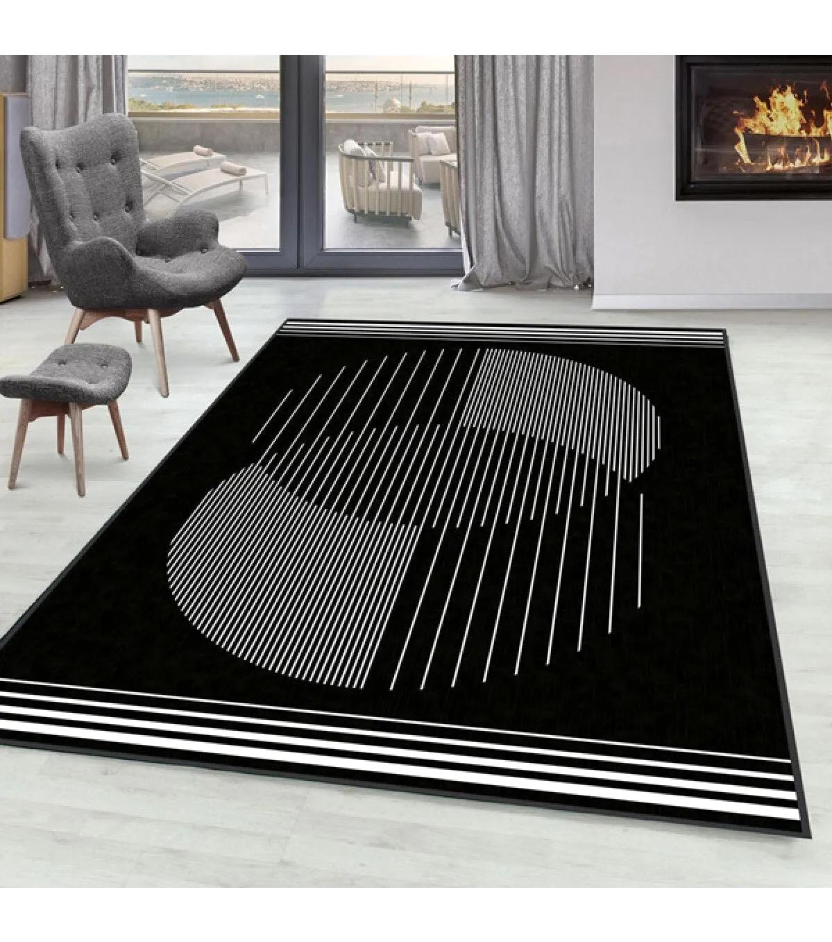 Rovigo Home RVG0109-SD1162 Gri-Siyah 8 mm Polyester Yıkanabilir Orta Kaymaz Dot Taban Dikdörtgen Makine Dokuma Salon Halısı 100x200 cm